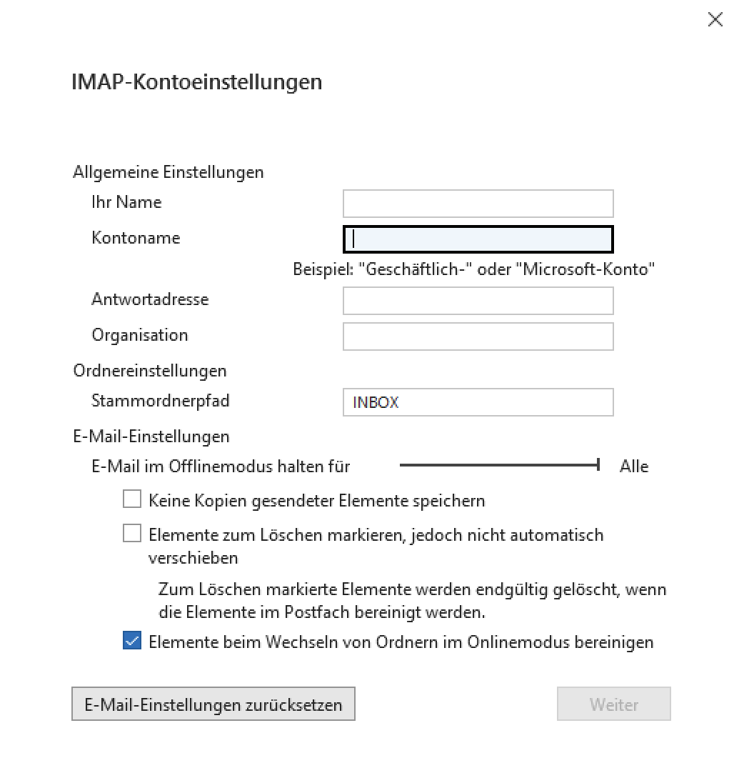 Stammordnerpfad für ein IMAP-Konto einstellen