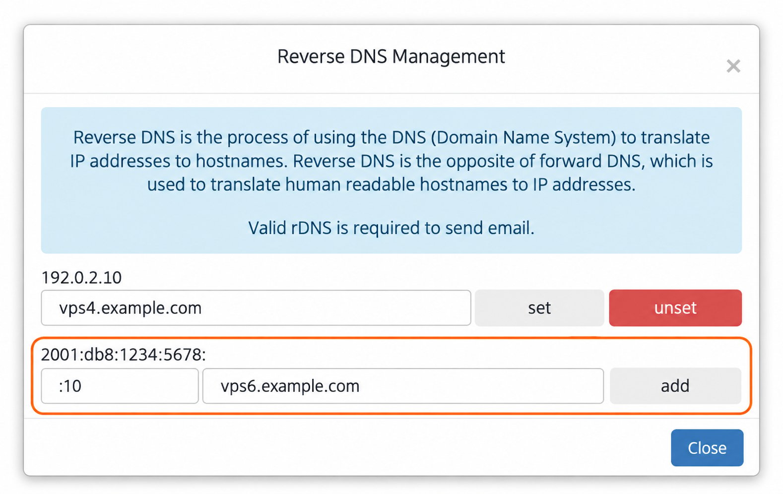 Reverse DNS dialog highlighting the IPv6 address suffix, hostname and add button
