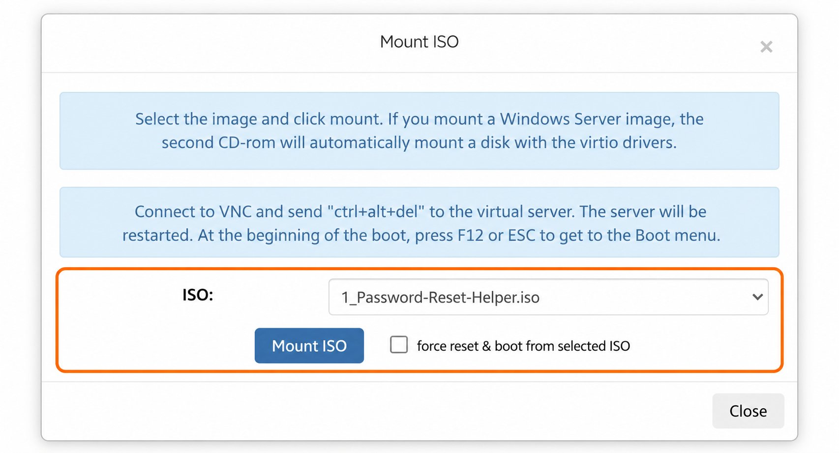 Mount ISO dialog showing the image selector and optional force reset checkbox