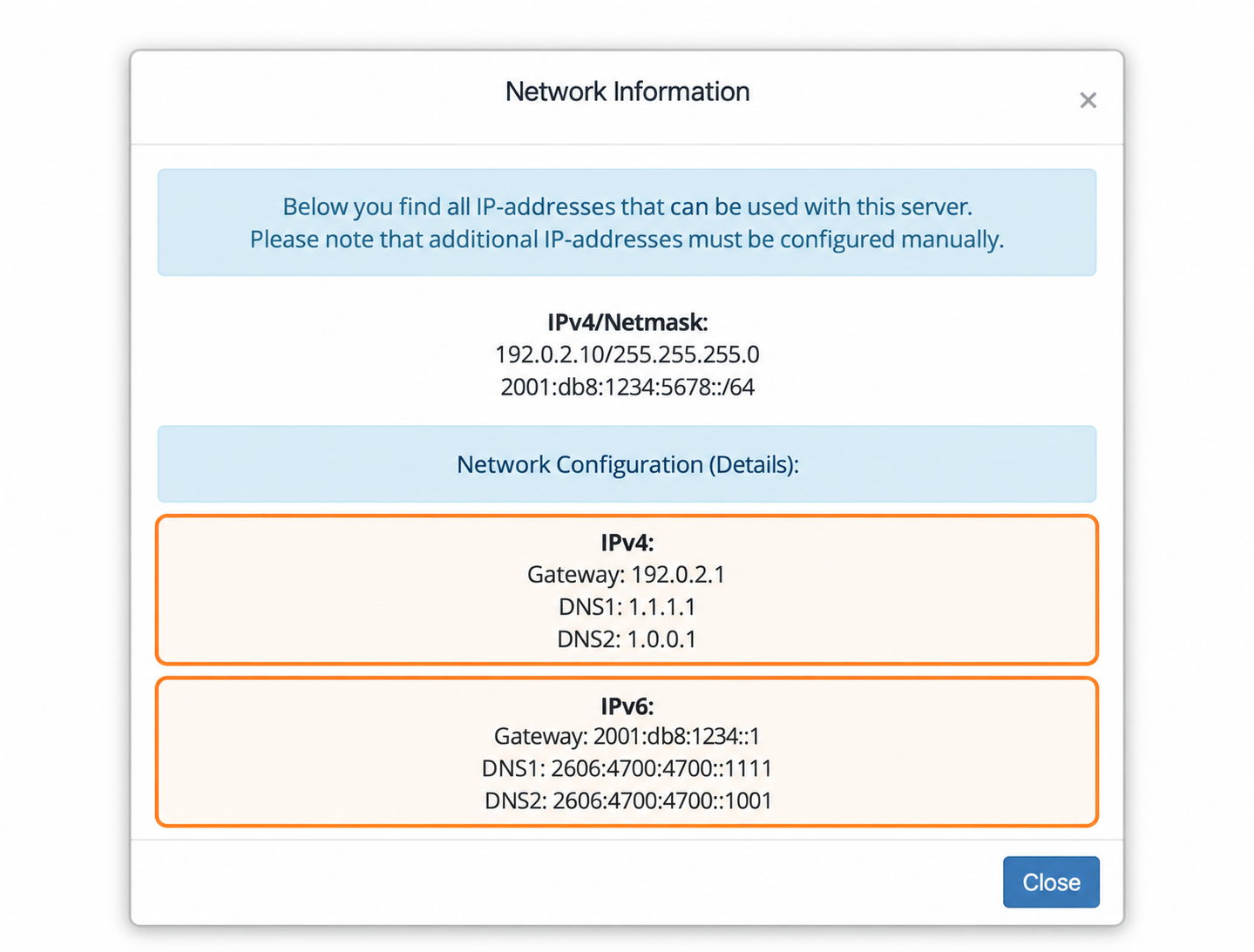 Network Information dialog showing IPv4 and IPv6 allocation, gateways and DNS servers