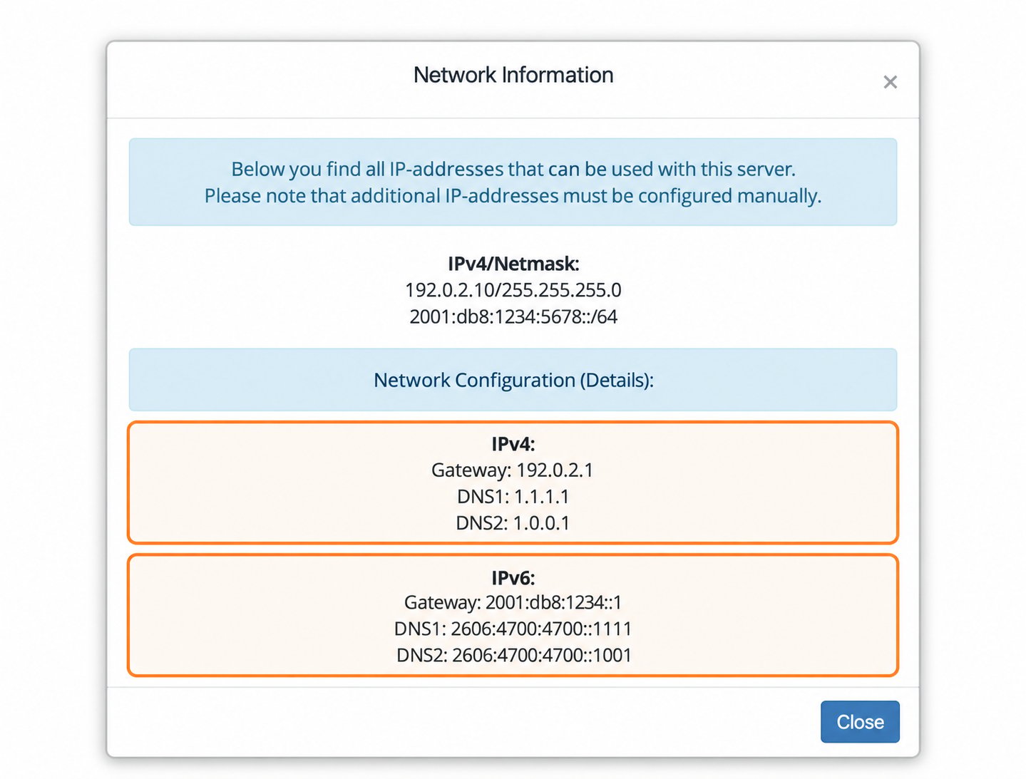 Network Information dialog showing IPv4 and IPv6 allocation, gateways and DNS servers