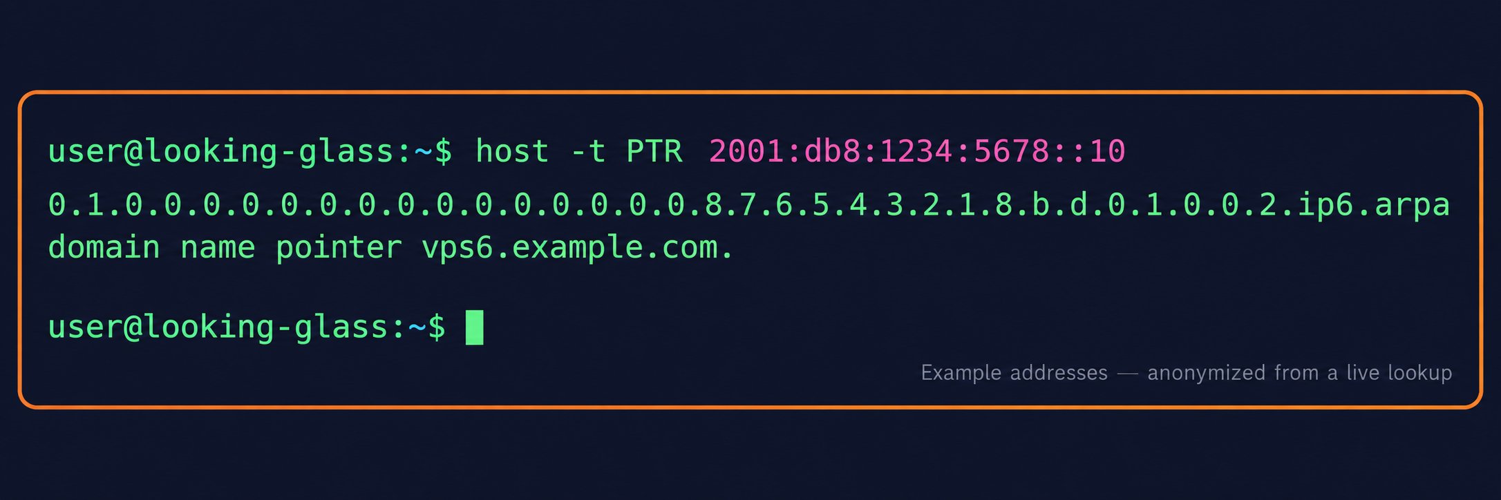 Terminal showing host -t PTR for an IPv6 address and the returned hostname