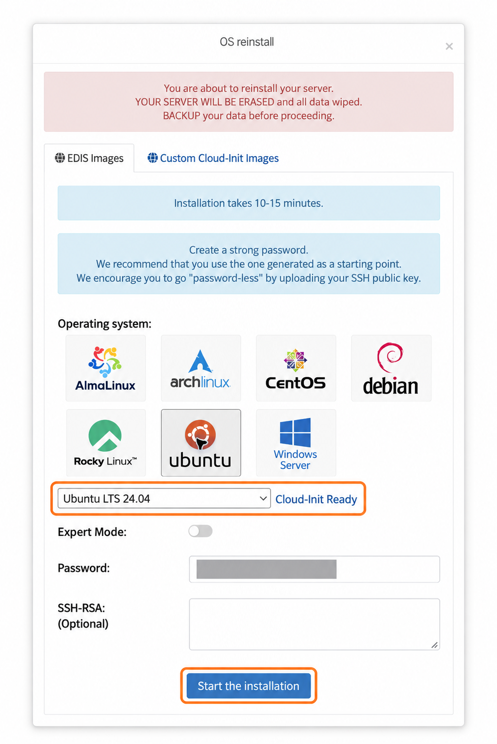 Reinstall OS dialog with operating-system selection and Start installation highlighted