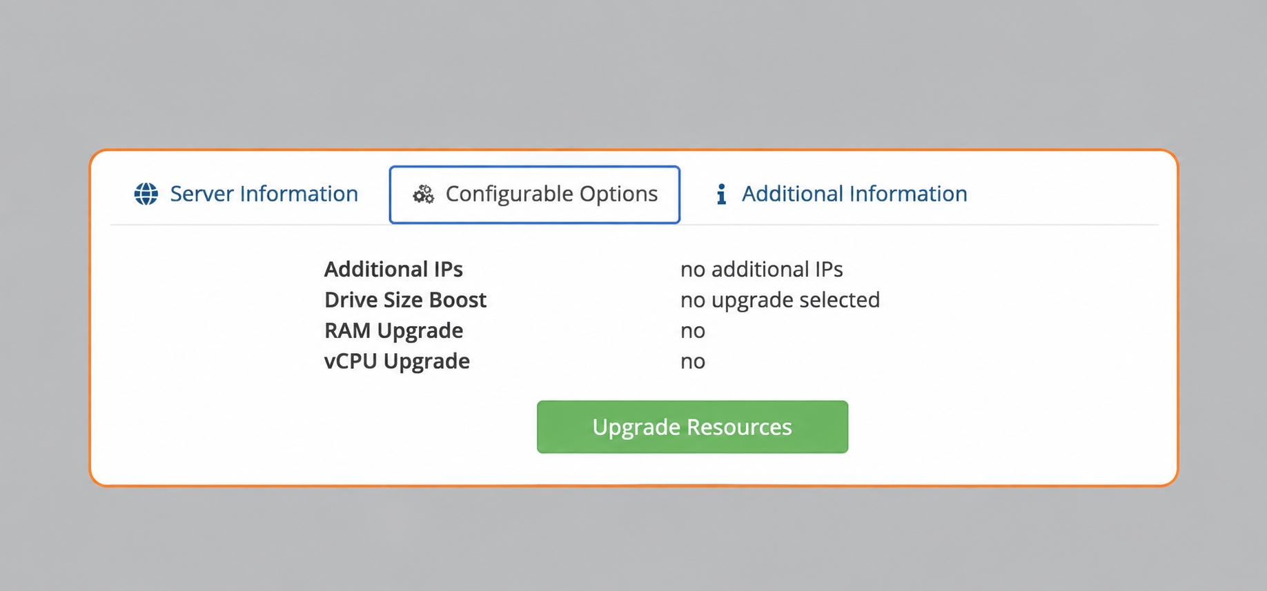 Configurable Options tab and Upgrade Resources button