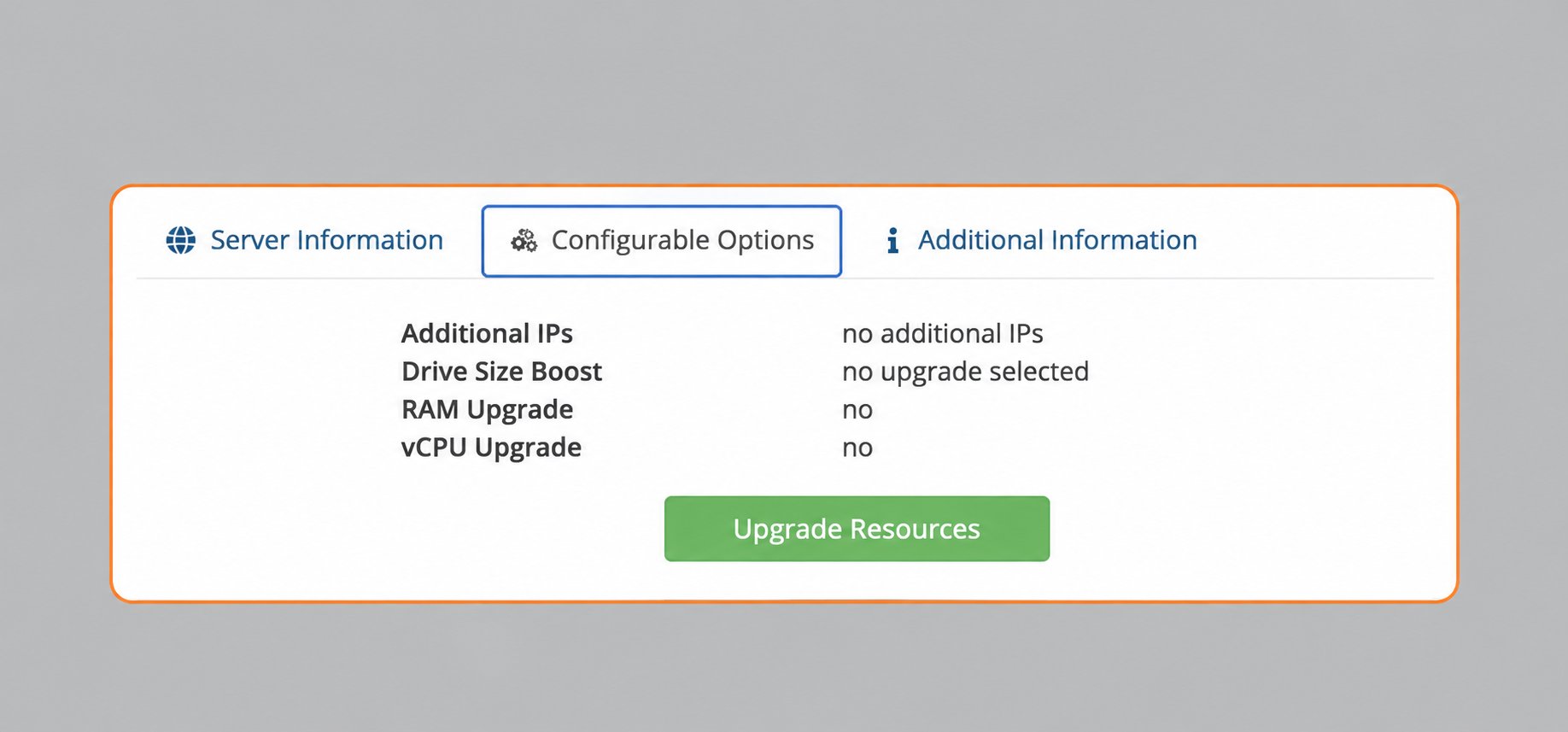 Configurable Options tab and Upgrade Resources button