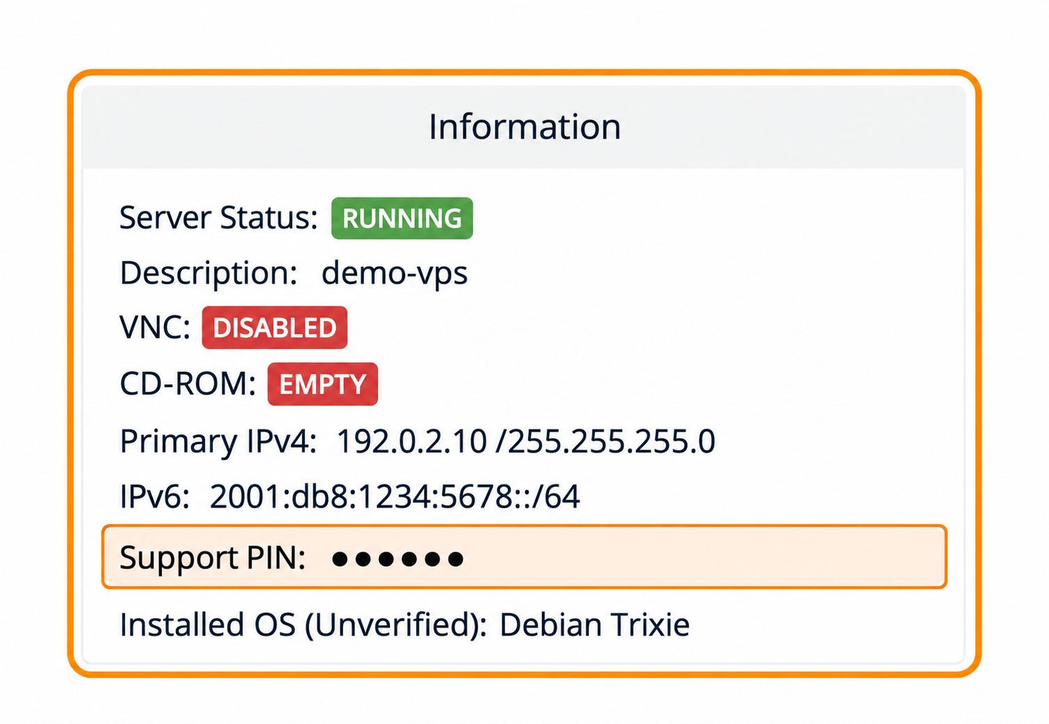 Information panel with the Support PIN row highlighted and the value masked