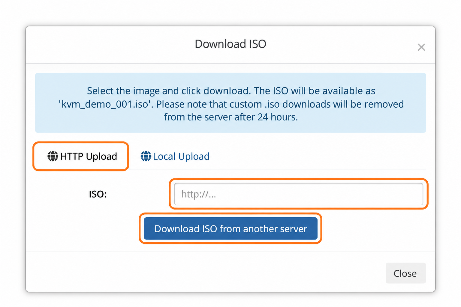 HTTP Upload tab with ISO URL field and Download ISO from another server button