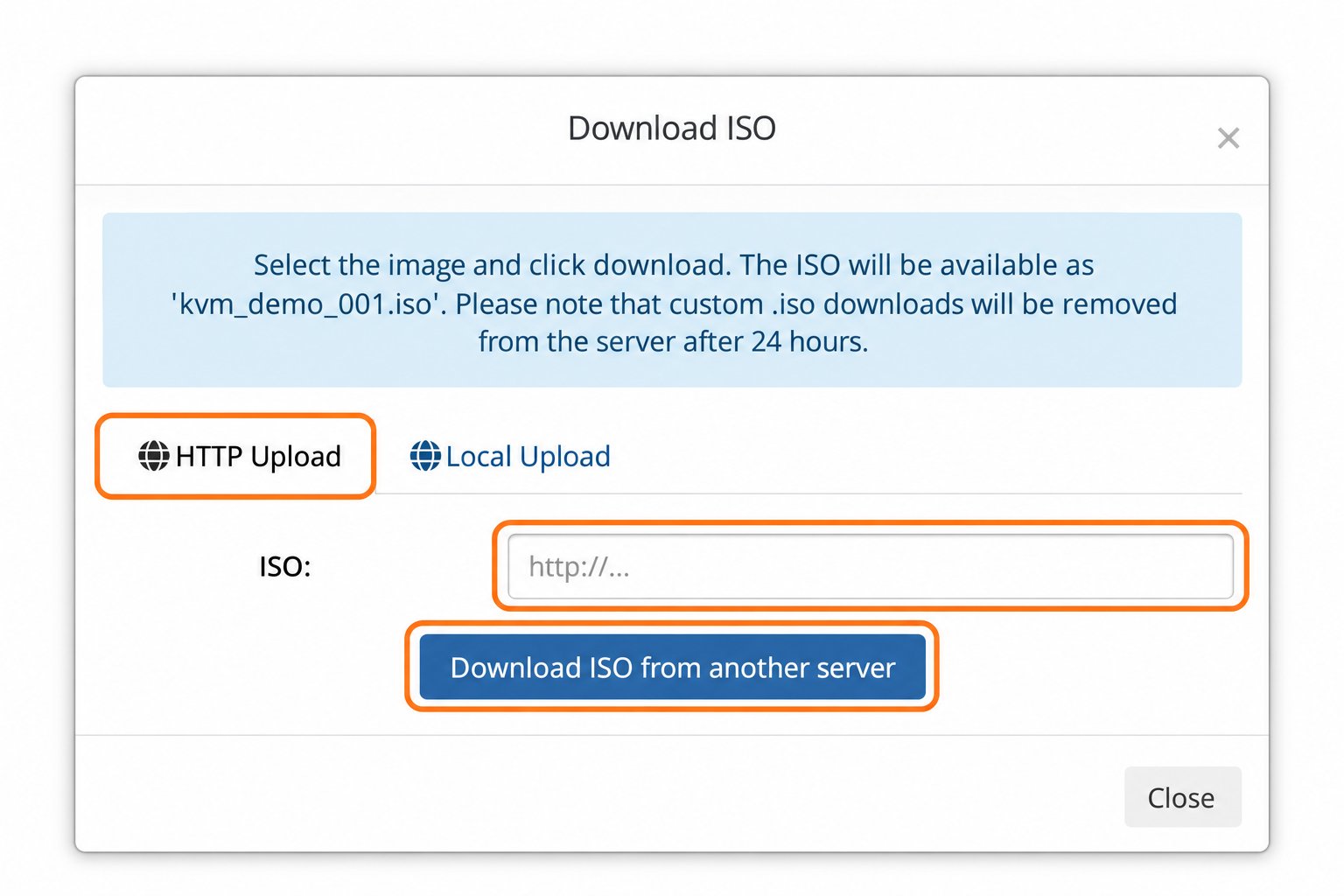 HTTP Upload tab with ISO URL field and Download ISO from another server button