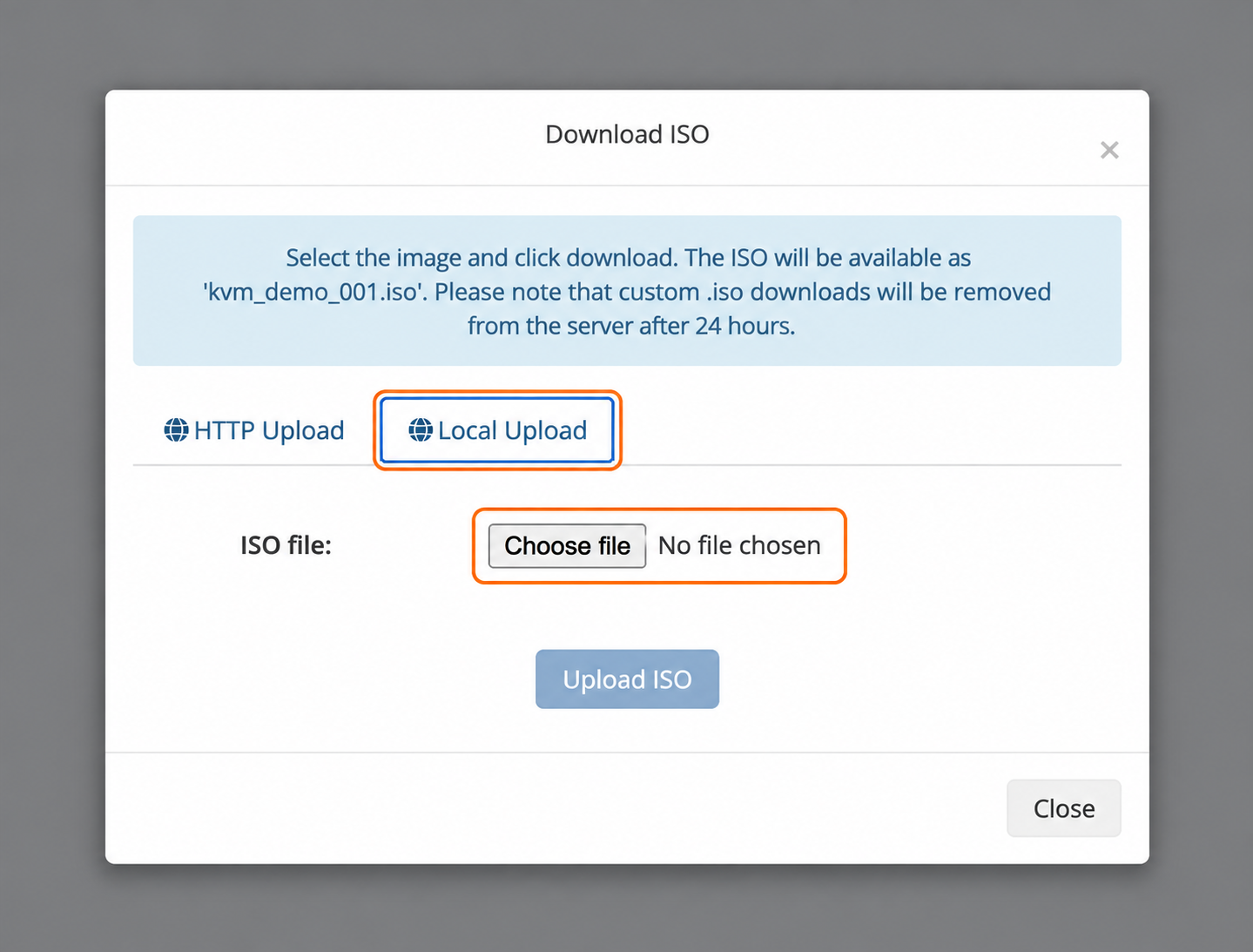 Local Upload tab showing the file chooser before a file has been selected