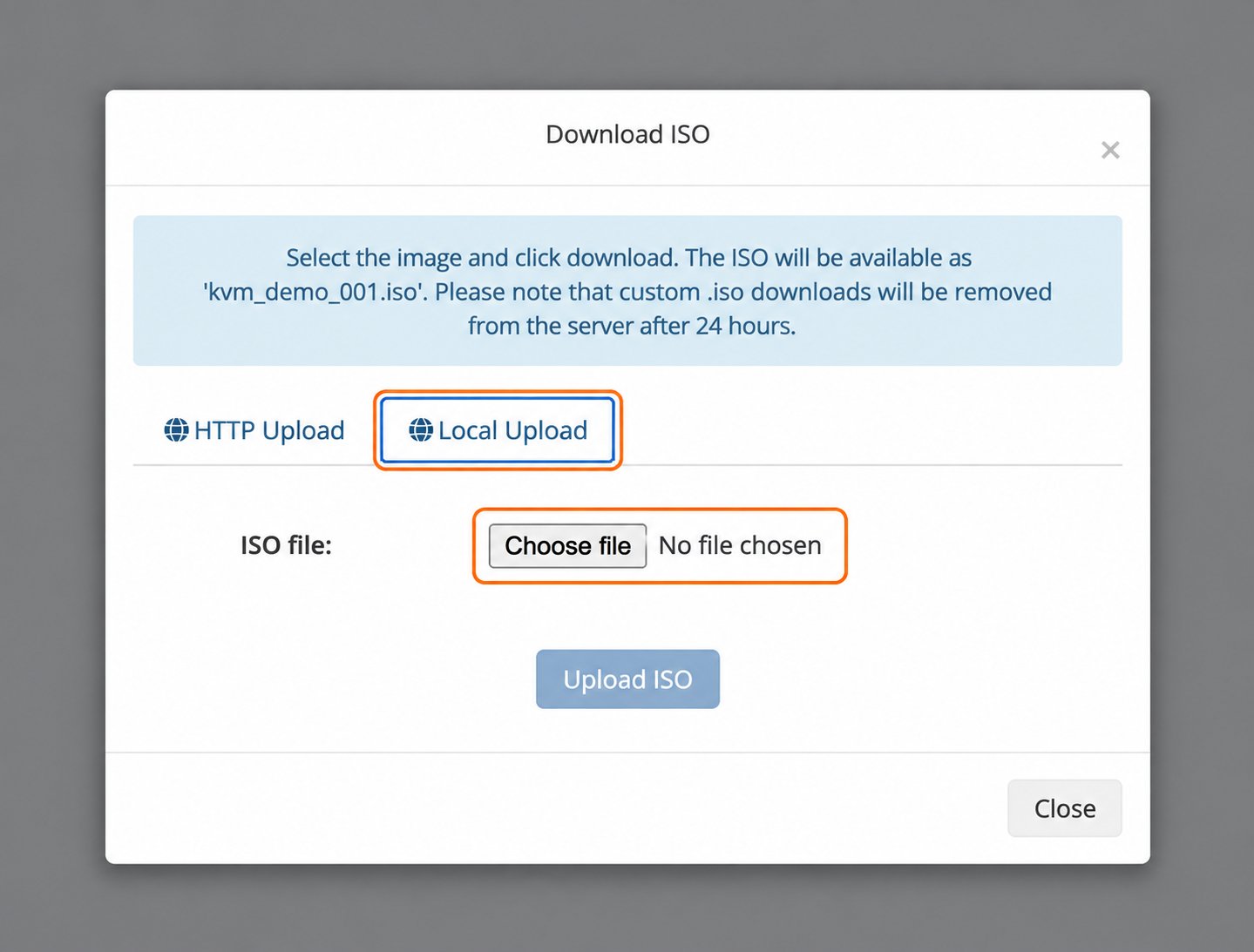 Local Upload tab showing the file chooser before a file has been selected