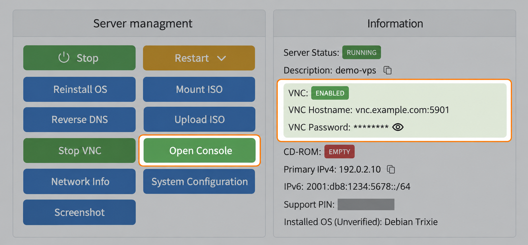 Server management and Information panels showing enabled VNC and the Open Console button
