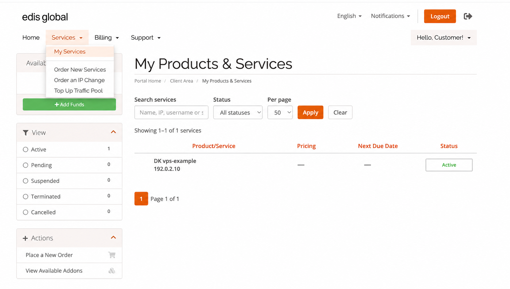 EDIS Global portal with the Services menu open and My Services highlighted; customer details anonymized