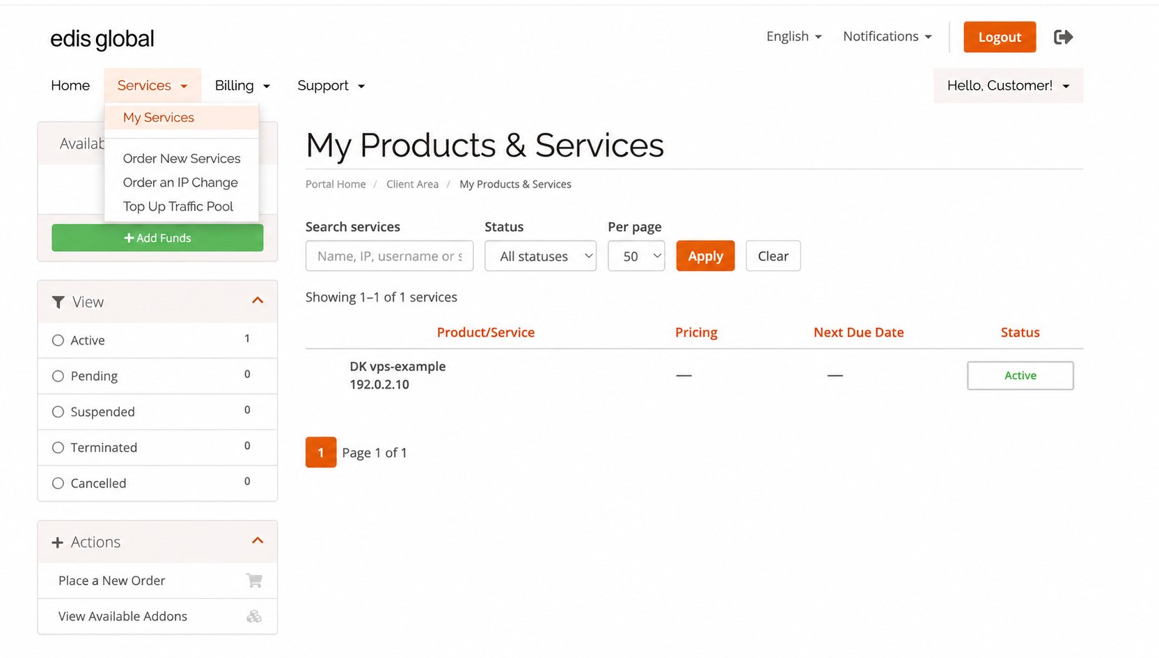 EDIS Global portal with the Services menu open and My Services highlighted; customer details anonymized