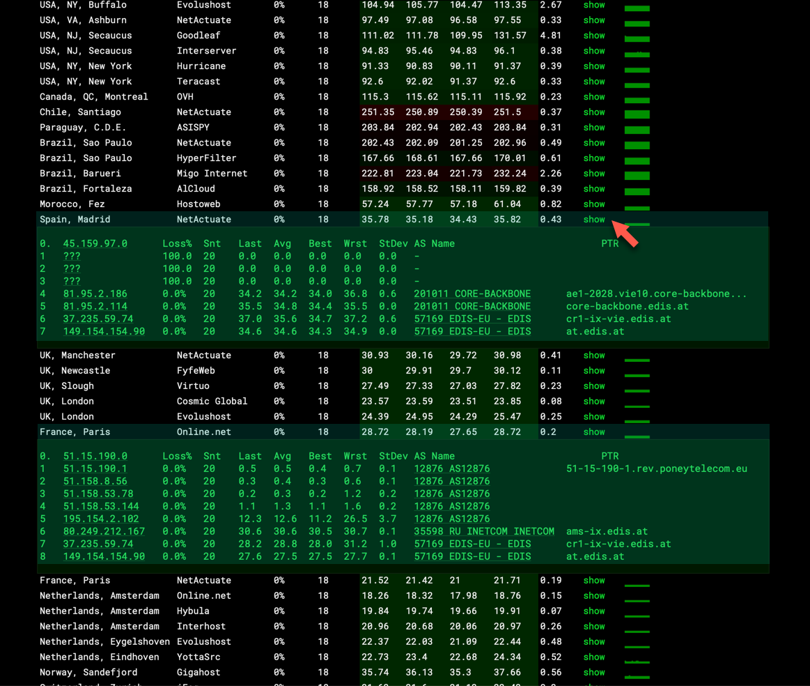Expanded MTR output in ping.pe showing packet loss per hop