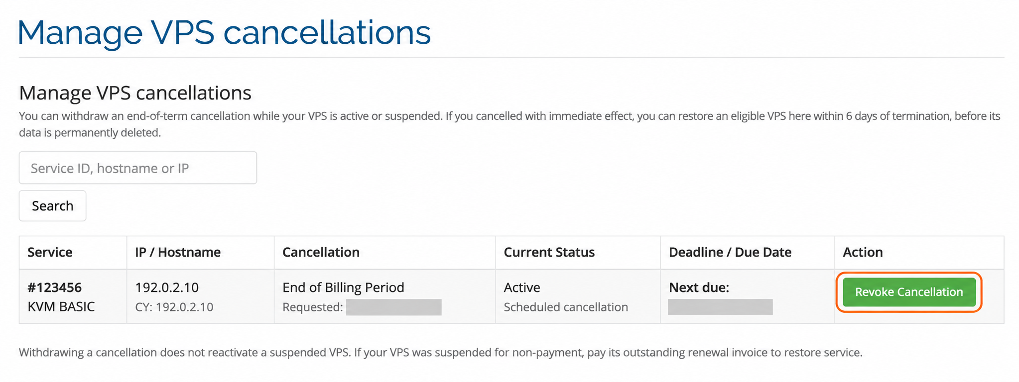 Manage VPS cancellations table with a scheduled end-of-billing-period cancellation and the Revoke Cancellation button highlighted.