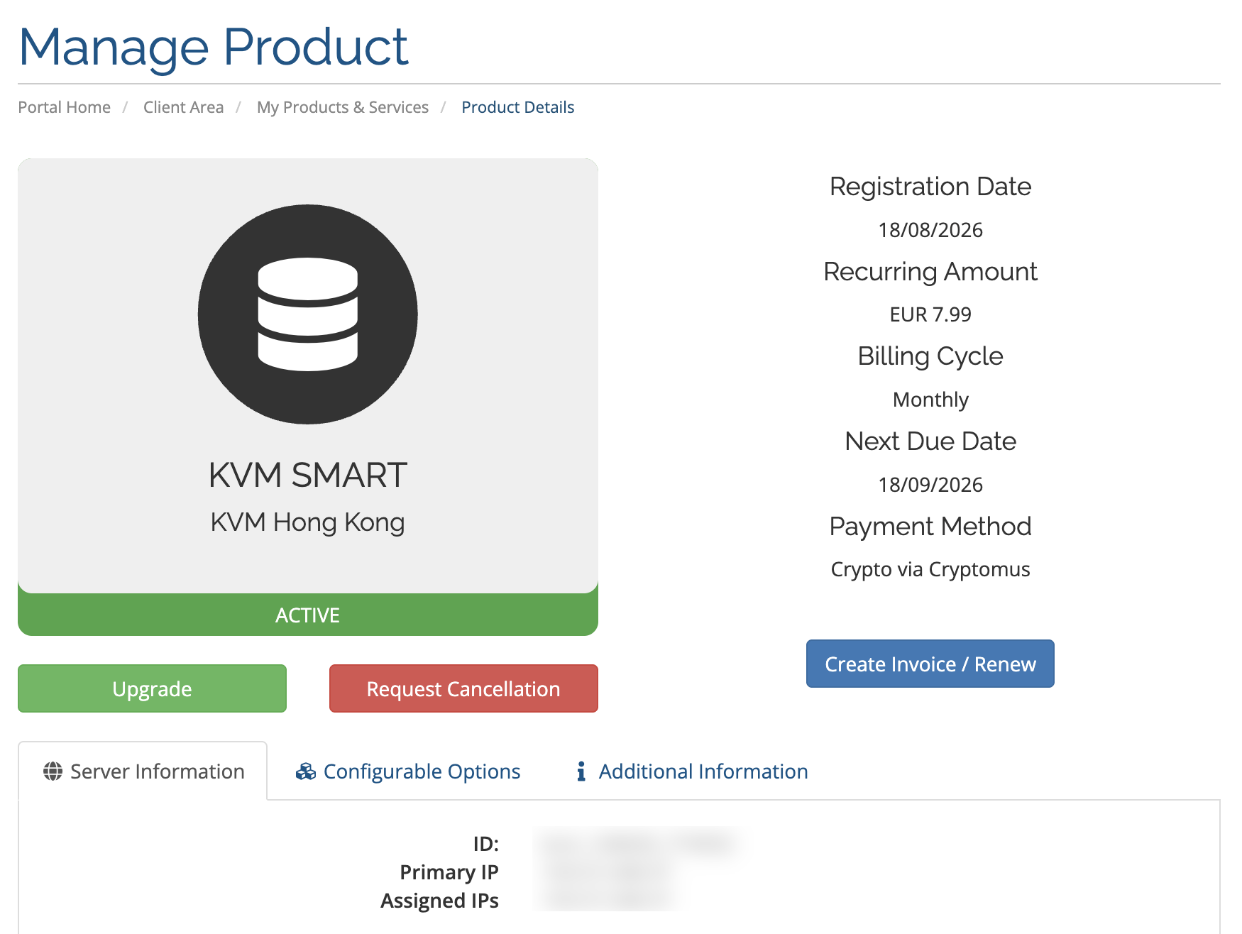 Create Invoice / Renew button in the client portal