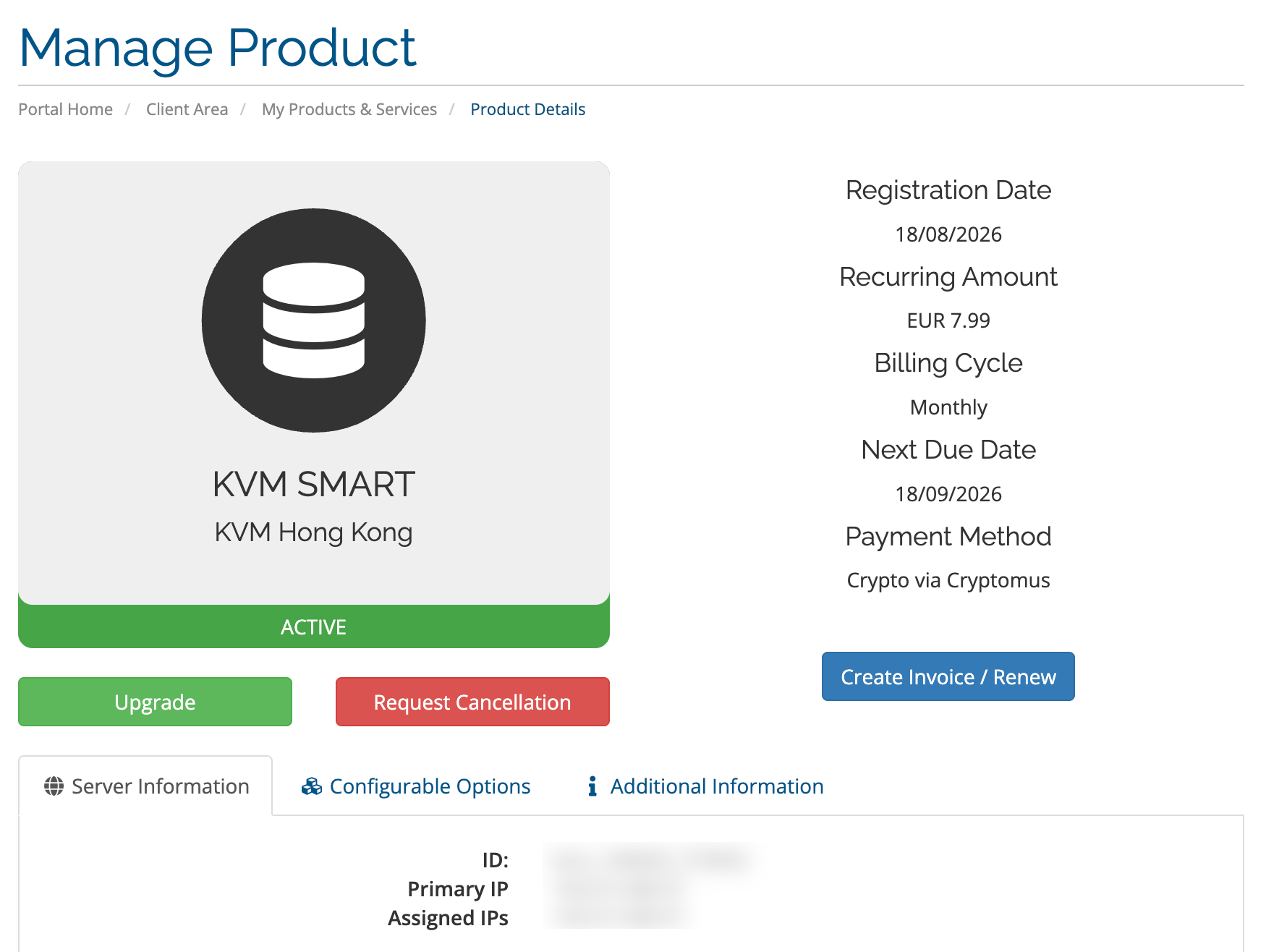 Create Invoice / Renew button in the client portal