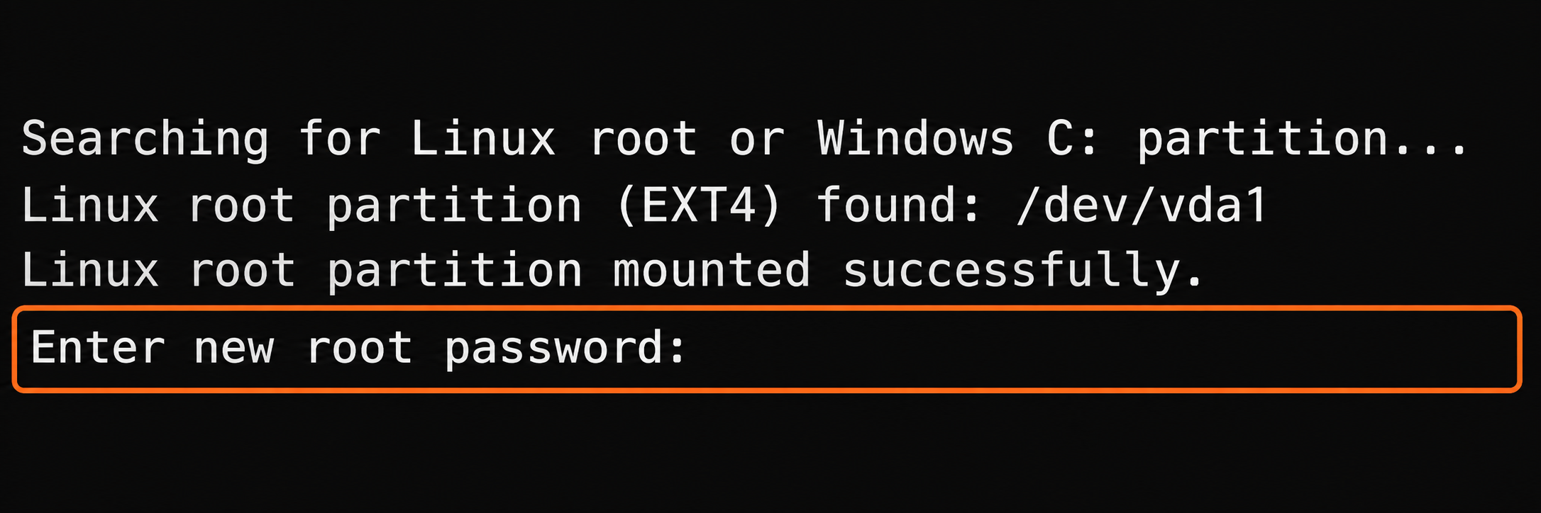 Linux recovery helper prompting for a new root password