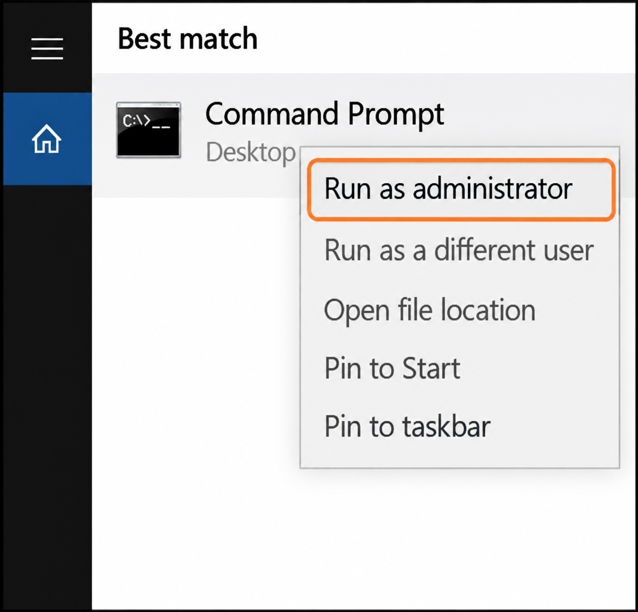 Command Prompt context menu with Run as administrator highlighted