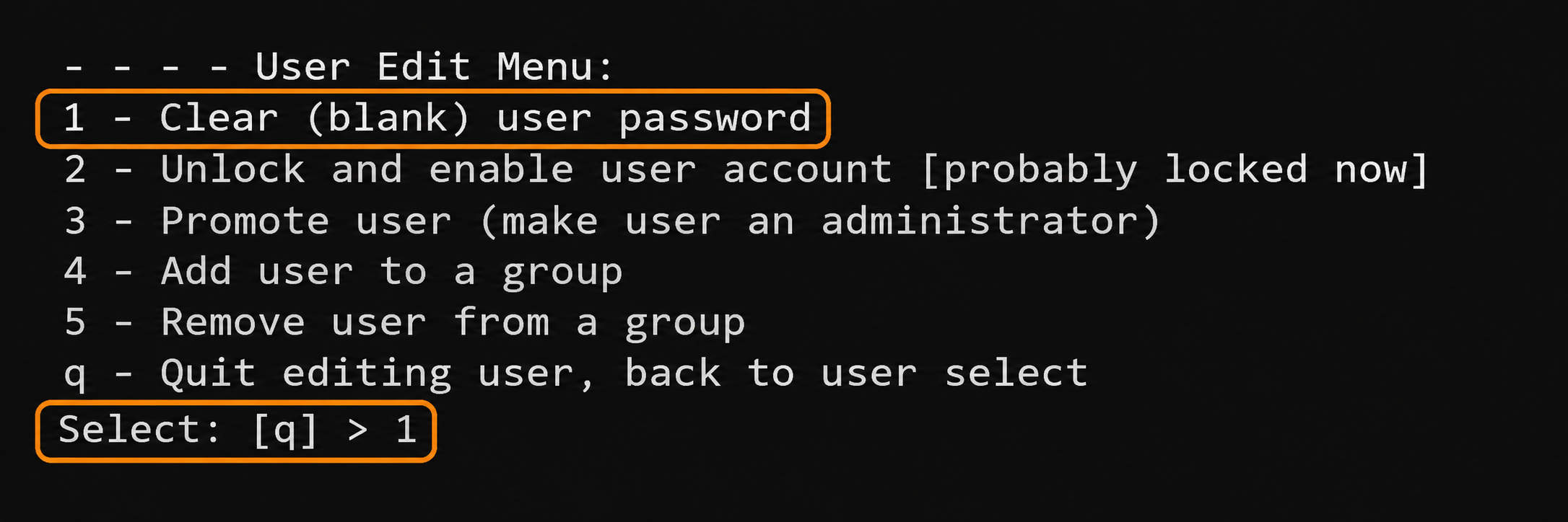 Select option 1 to clear the Administrator password