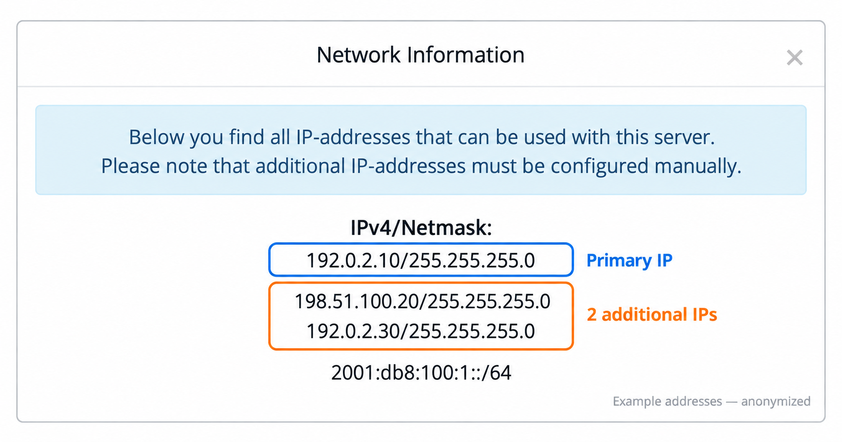 Network Information dialog: 192.0.2.10 is marked Primary IP, while 198.51.100.20 and 192.0.2.30 are marked as two additional IPs. Each IPv4 row includes its netmask; the IPv6 prefix is shown separately.