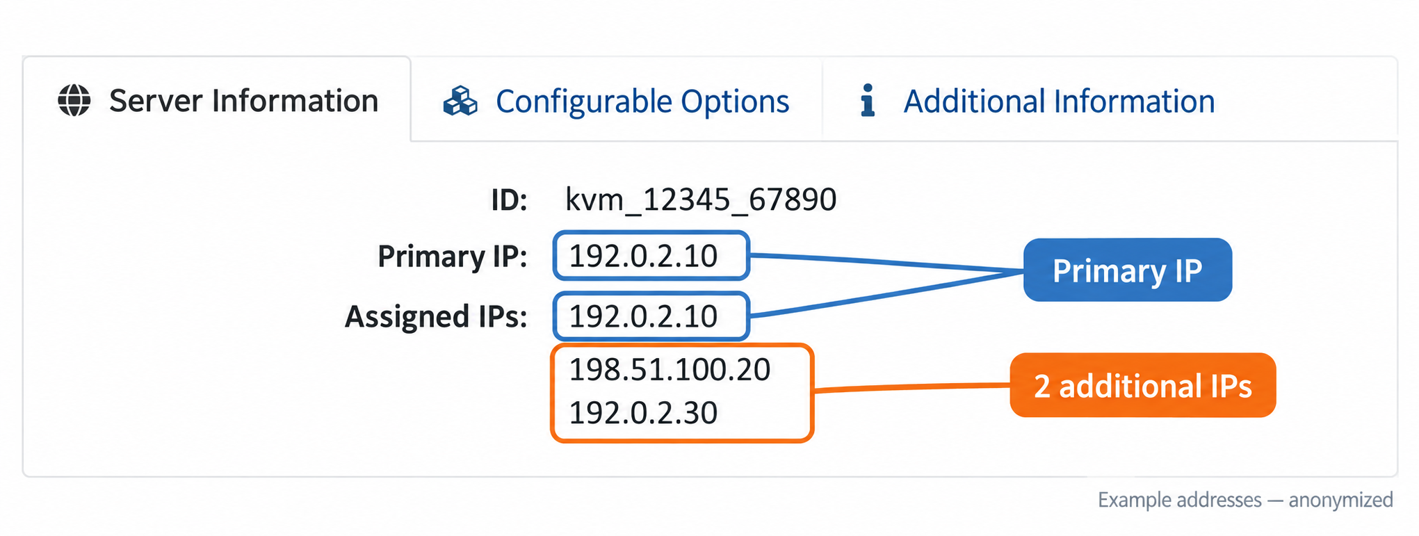 Primary IP 192.0.2.10 highlighted in blue, including its repeated entry under Assigned IPs. The two additional addresses 198.51.100.20 and 192.0.2.30 are highlighted in orange.