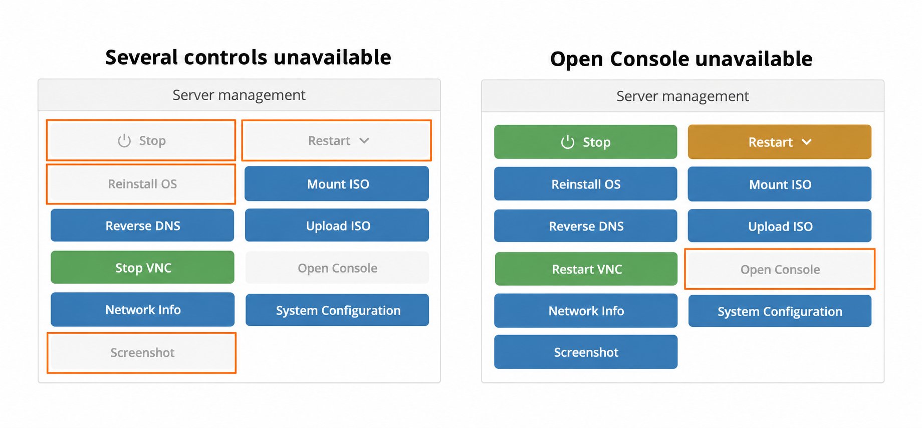 Comparison of VPS management controls: grey Stop, Restart, Reinstall OS, and Screenshot buttons highlighted on the left; grey Open Console highlighted on the right while other controls are available