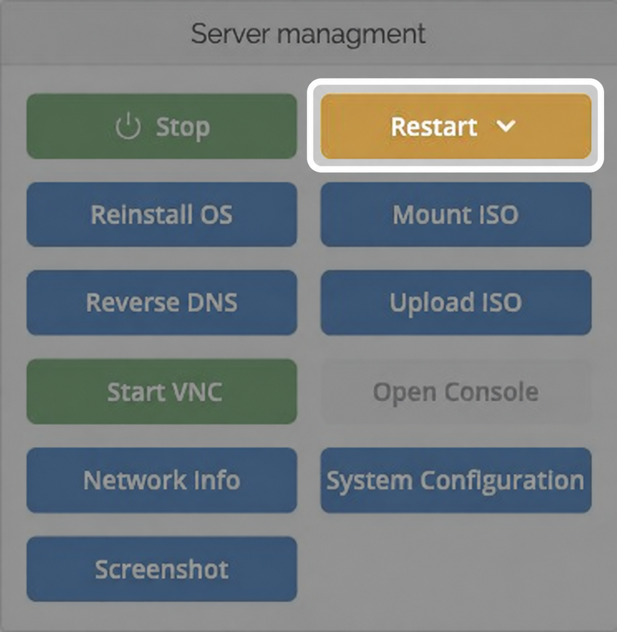 VPS server management panel with the yellow Restart dropdown button highlighted.