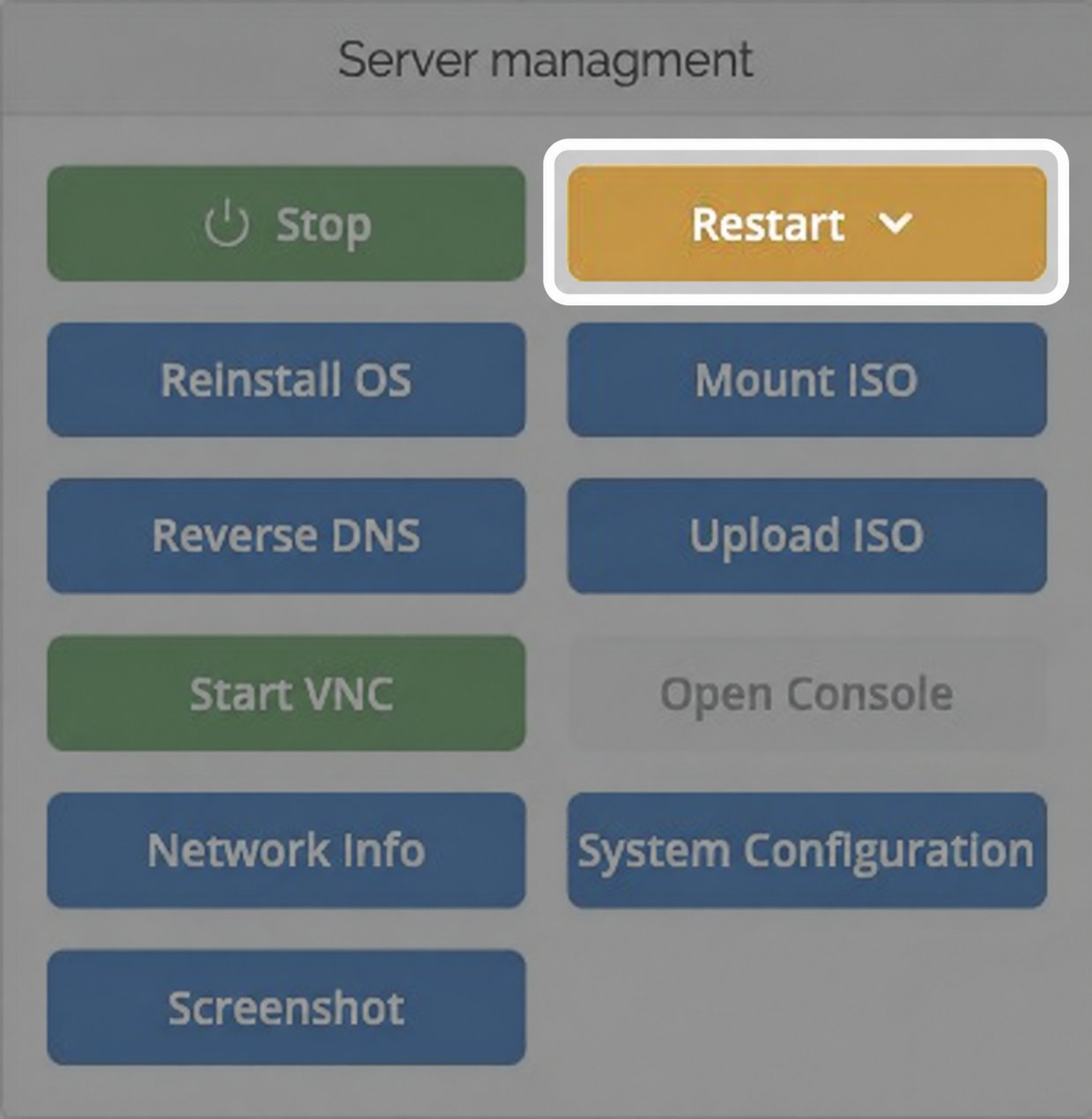 VPS server management panel with the yellow Restart dropdown button highlighted.