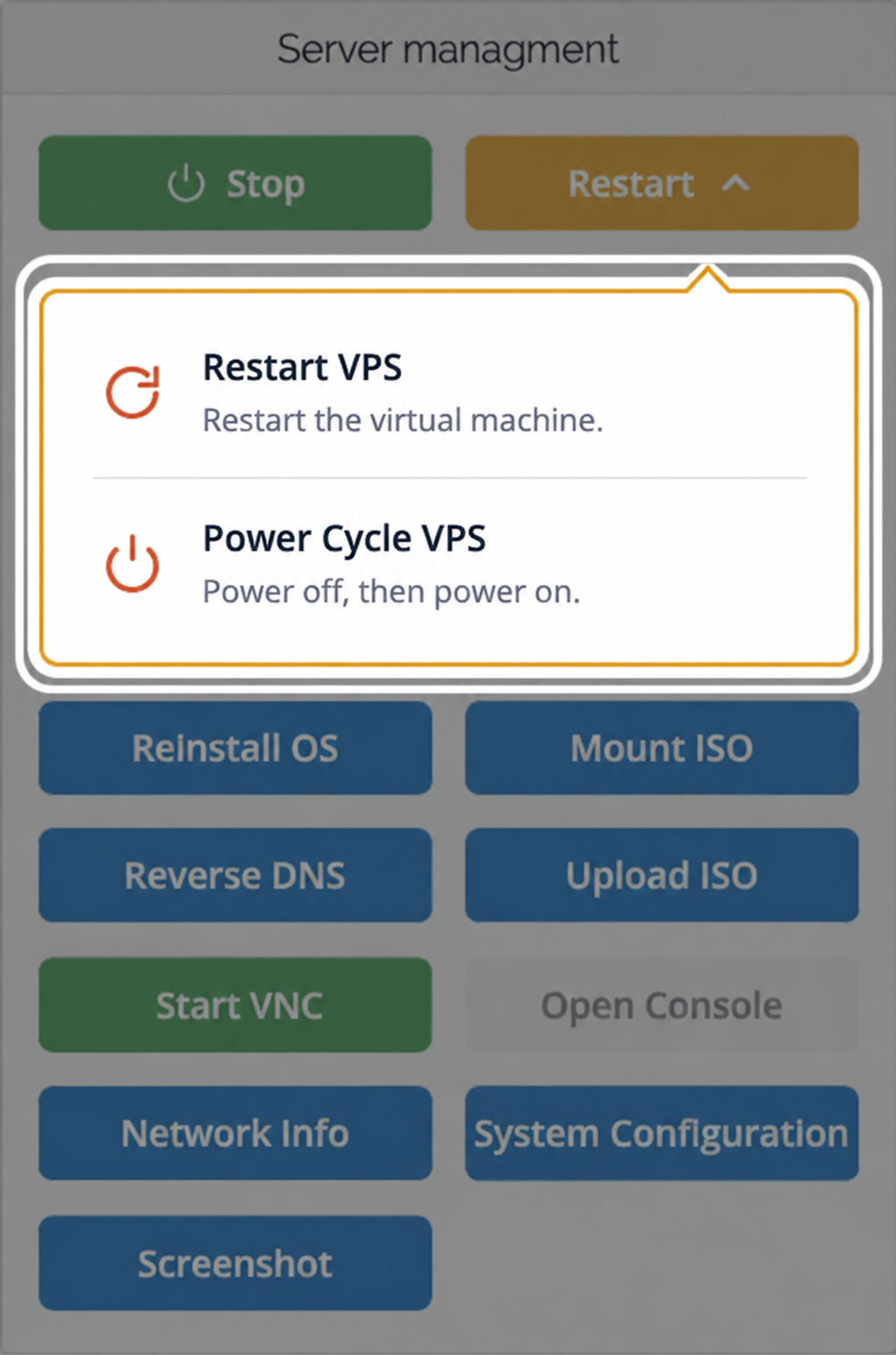 Expanded Restart menu showing Restart VPS — Restart the virtual machine, and Power Cycle VPS — Power off, then power on.