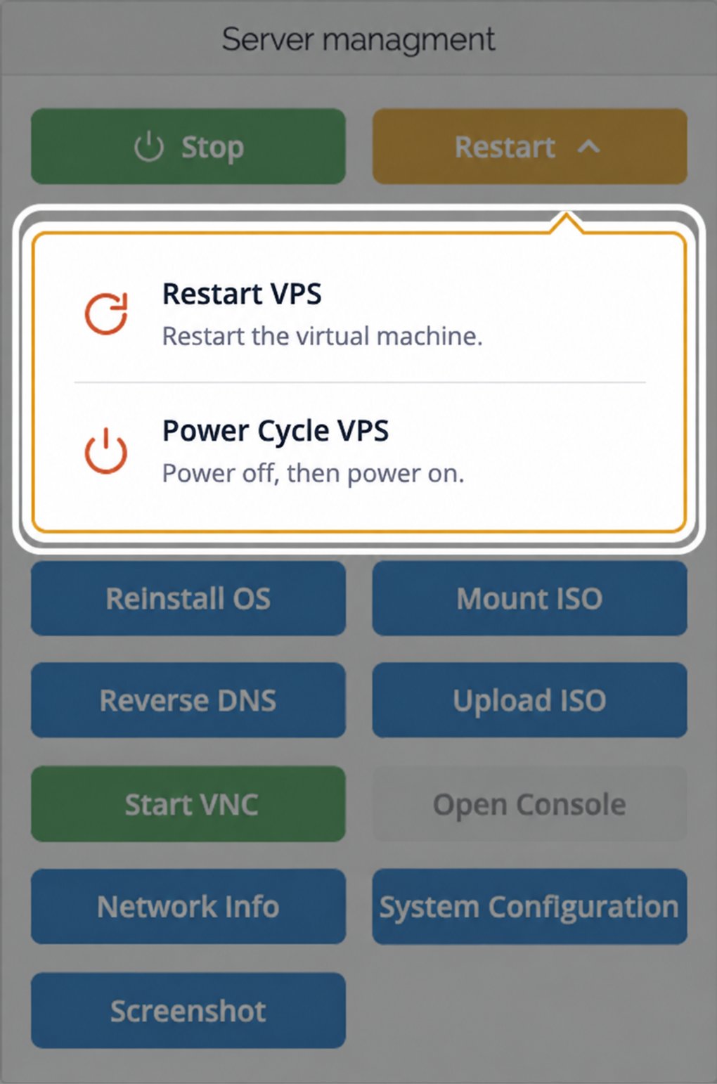 Expanded Restart menu showing Restart VPS — Restart the virtual machine, and Power Cycle VPS — Power off, then power on.