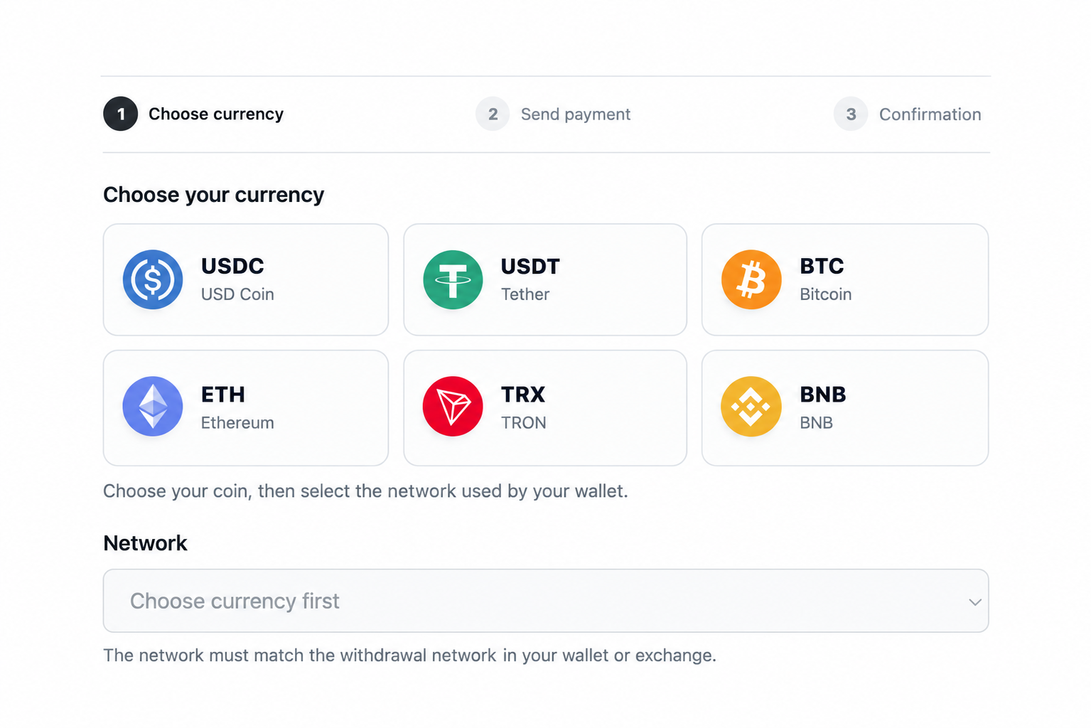 Crypto by EDIS Global currency selection showing USDC, USDT, BTC, ETH, TRX and BNB, followed by the network selector.