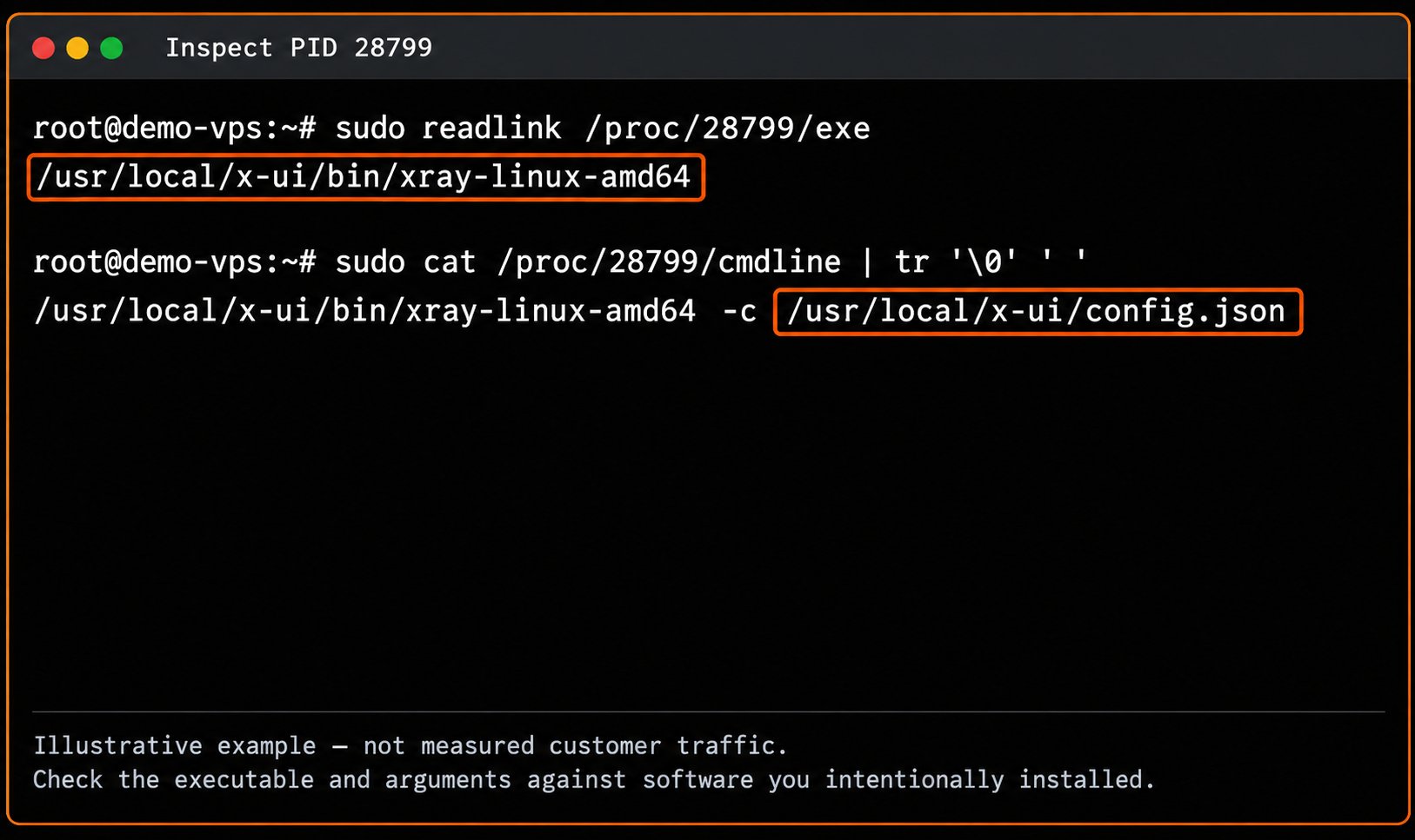 Illustrative readlink and proc cmdline output for PID 28799