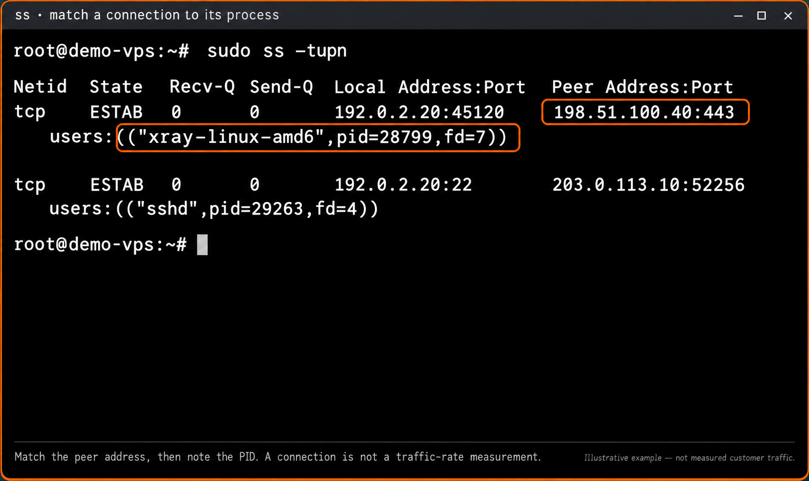 Illustrative ss output highlighting a peer address and its owning PID 28799