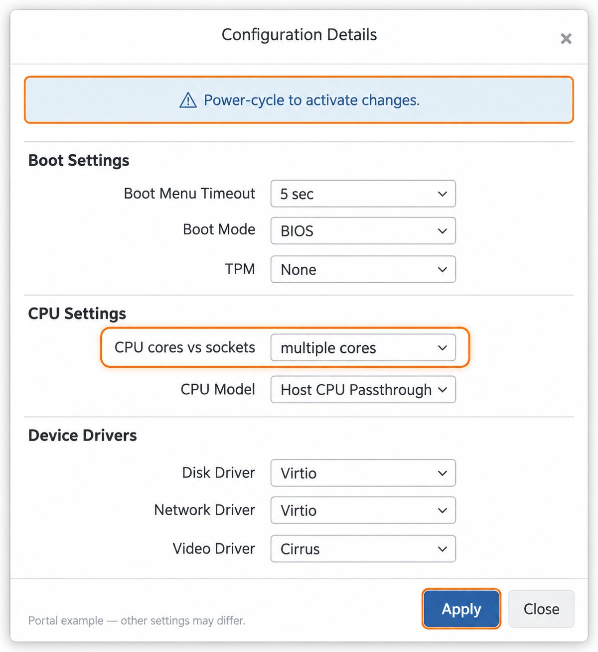 Configuration Details showing CPU cores vs sockets set to multiple cores, Apply and the power-cycle notice