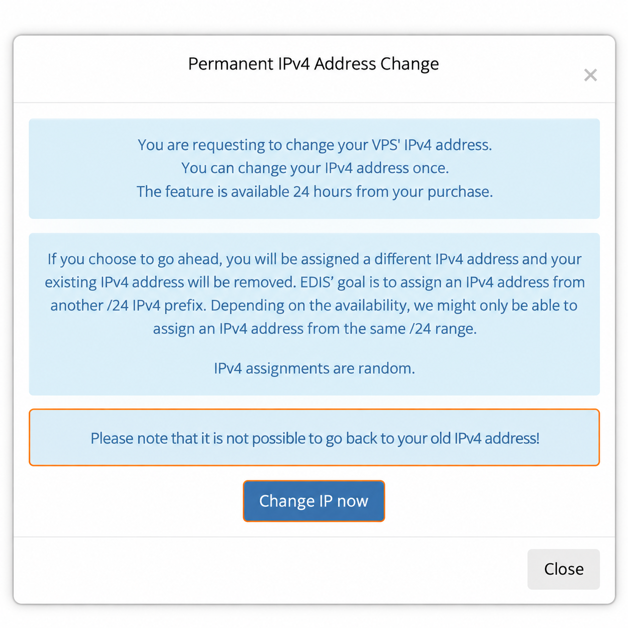 Permanent IPv4 Address Change dialog with the irreversible-change warning and Change IP now button highlighted
