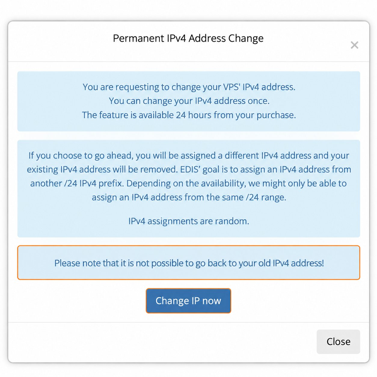 Permanent IPv4 Address Change dialog with the irreversible-change warning and Change IP now button highlighted