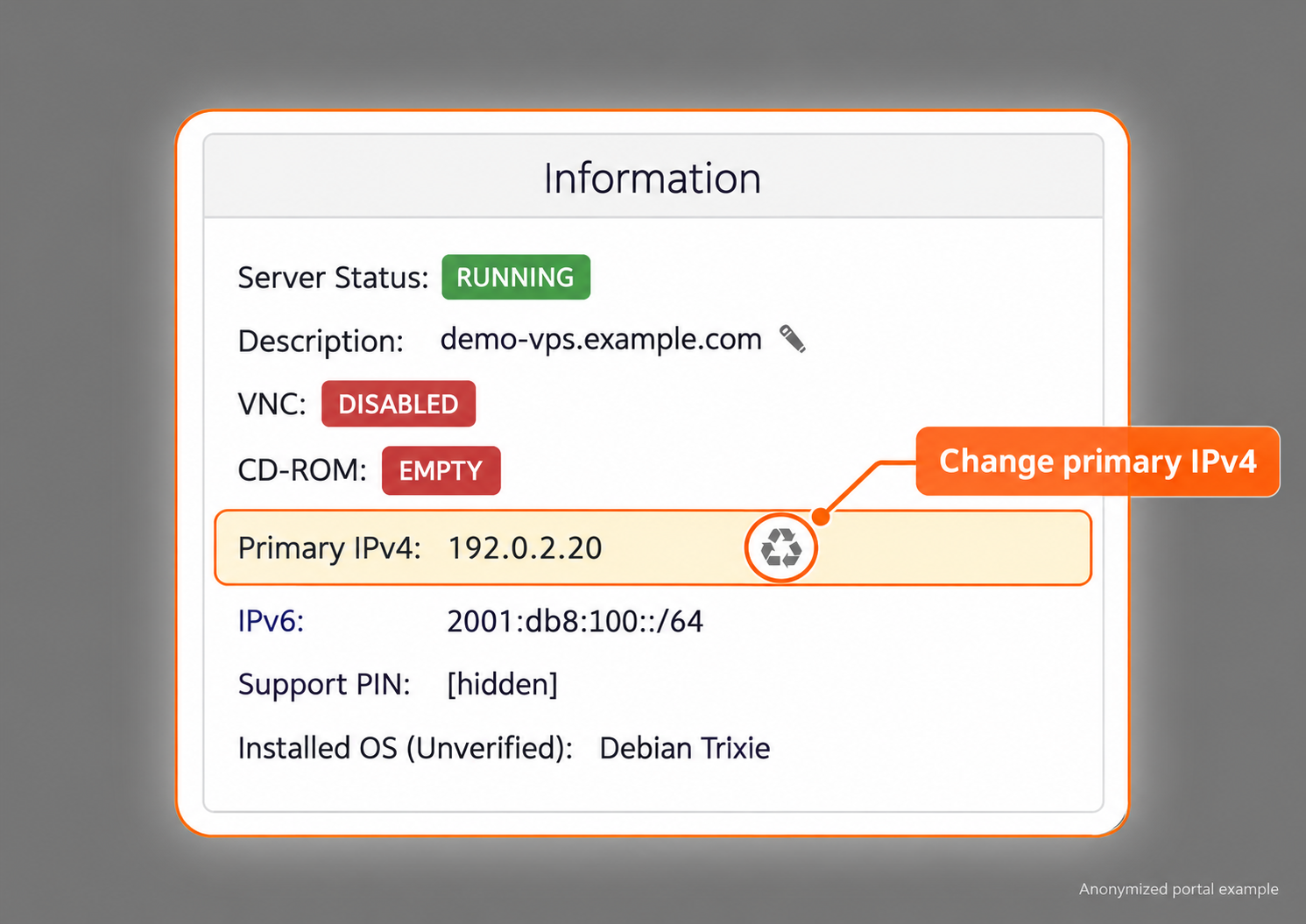 Information panel with the recycle icon beside Primary IPv4 highlighted
