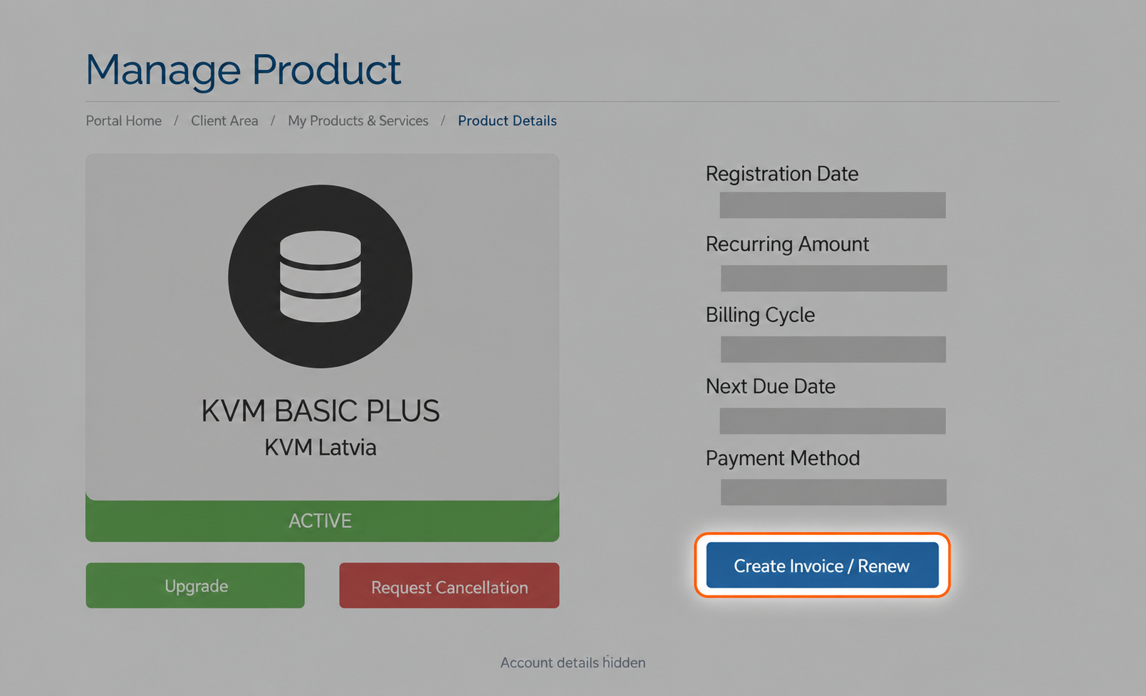 Manage Product page with Create Invoice / Renew highlighted beneath Payment Method