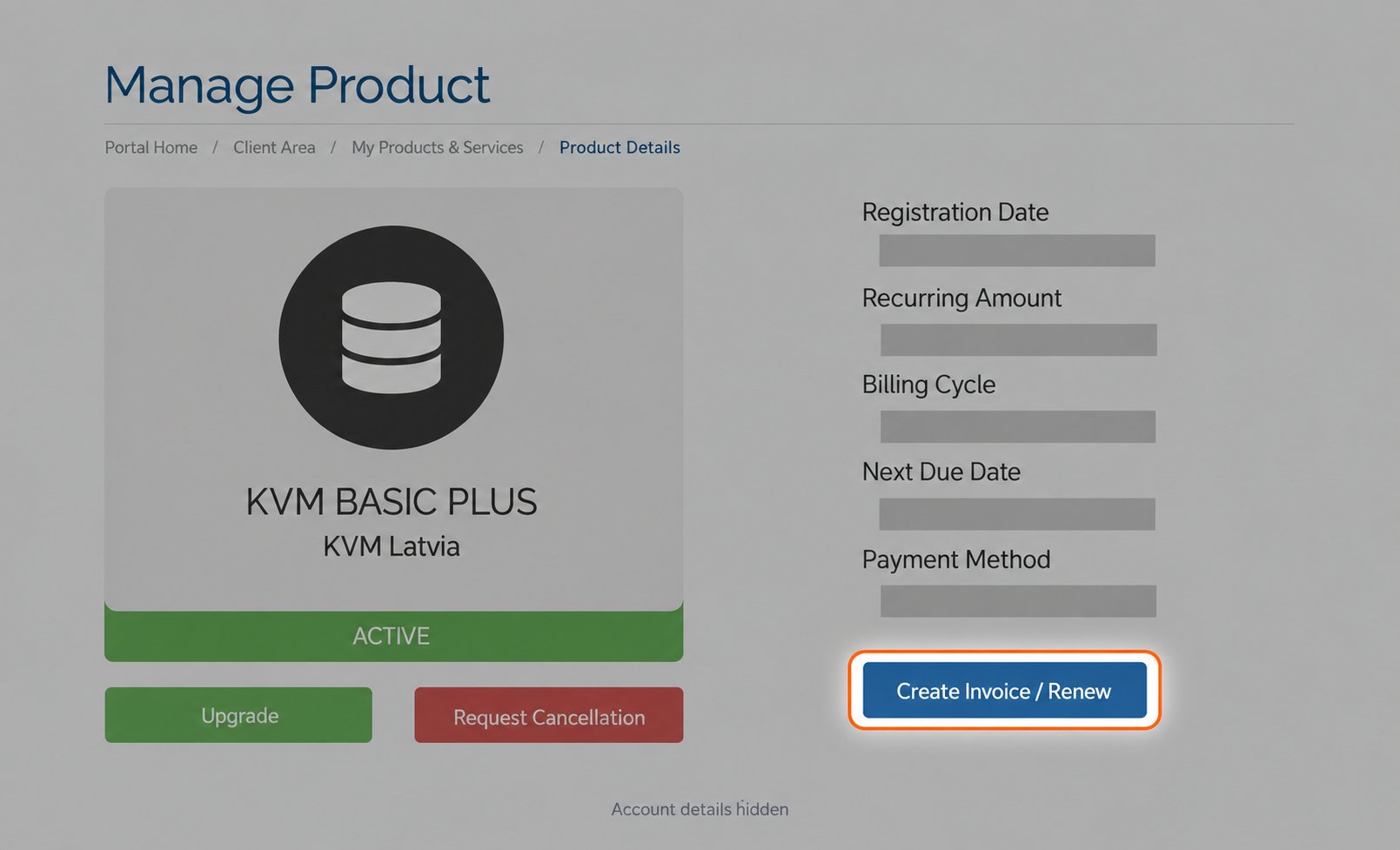 Manage Product page with Create Invoice / Renew highlighted beneath Payment Method