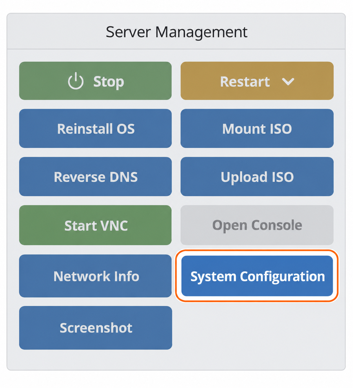 Server management panel with the System Configuration button highlighted
