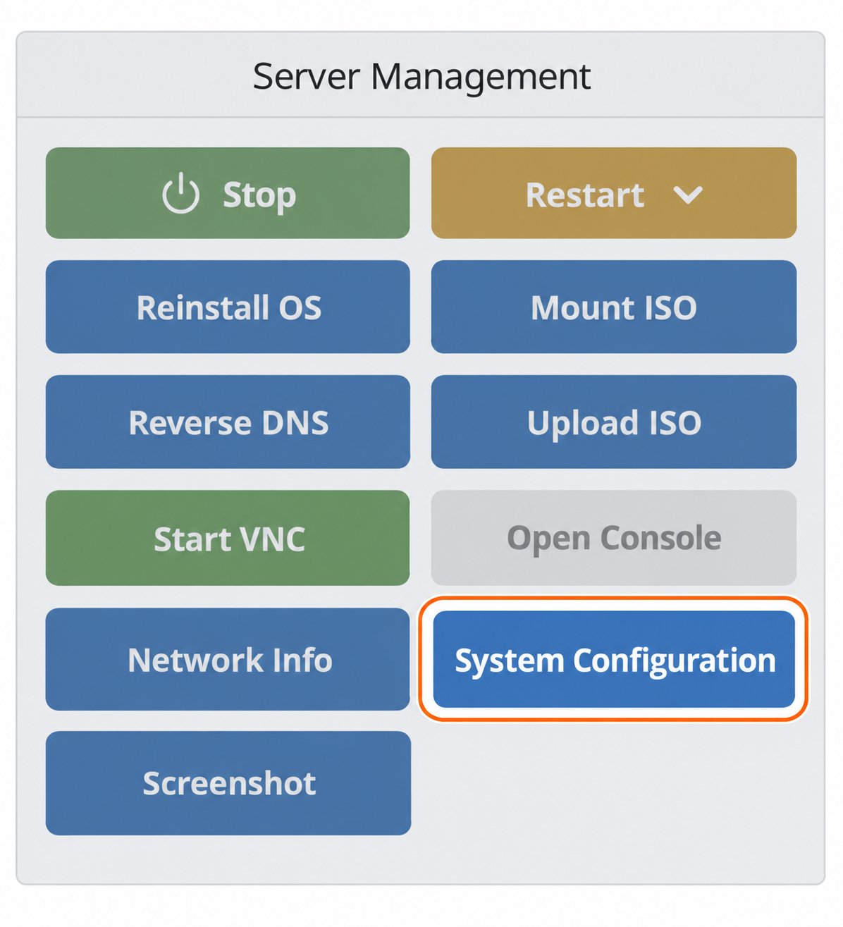 Server management panel with the System Configuration button highlighted