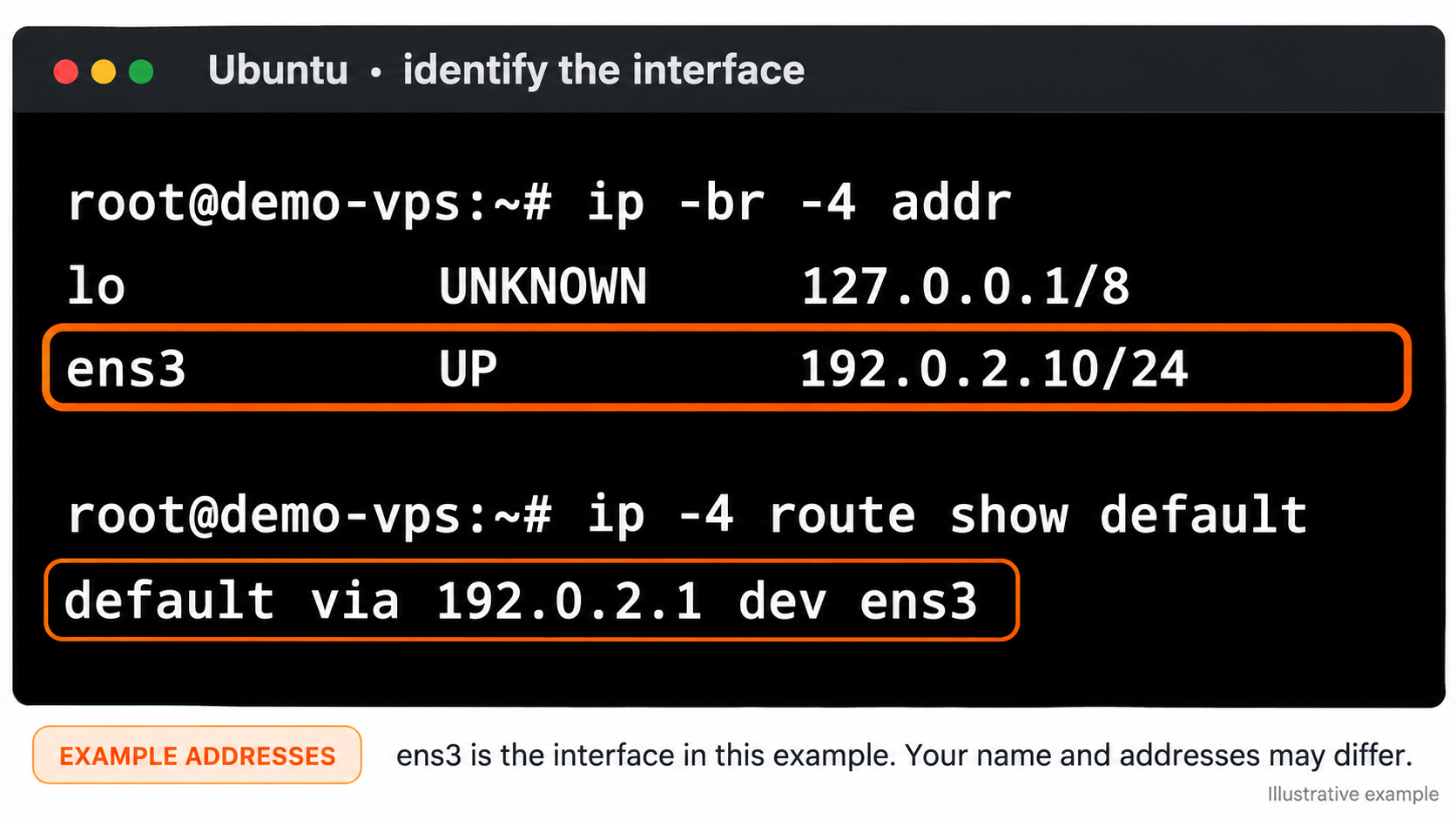 Ubuntu terminal with the ens3 interface and default gateway highlighted