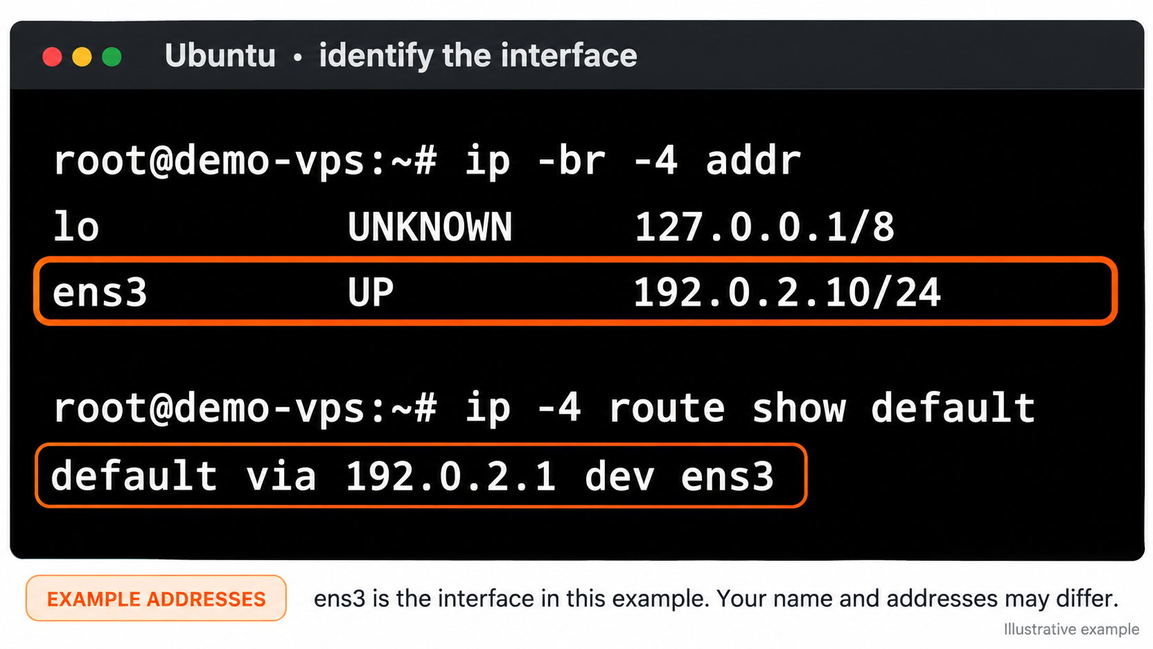 Ubuntu terminal with the ens3 interface and default gateway highlighted