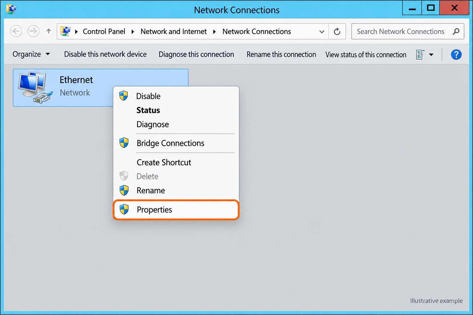 Network Connections with the Ethernet adapter Properties menu item highlighted