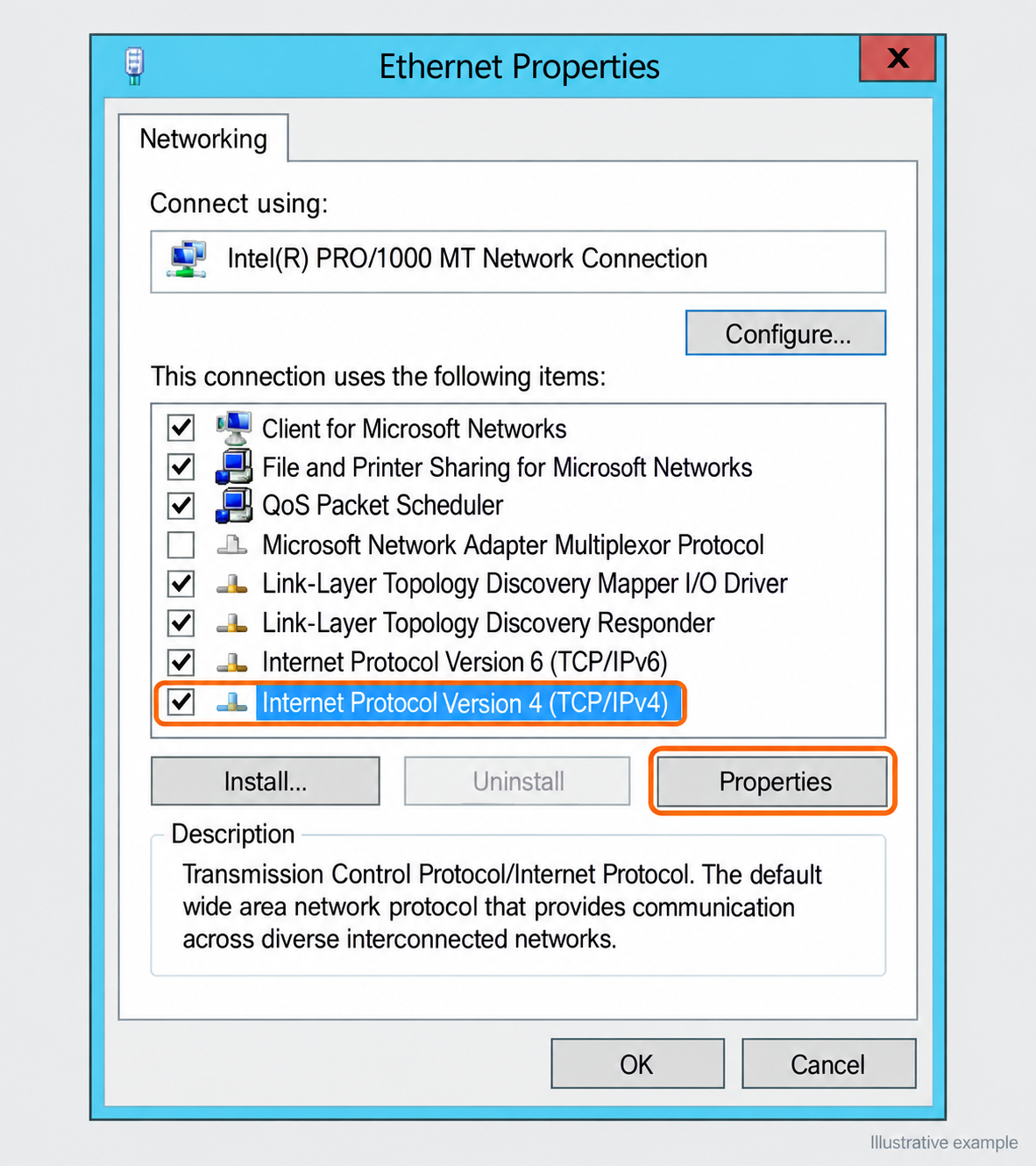 Ethernet Properties with Internet Protocol Version 4 and the Properties button highlighted