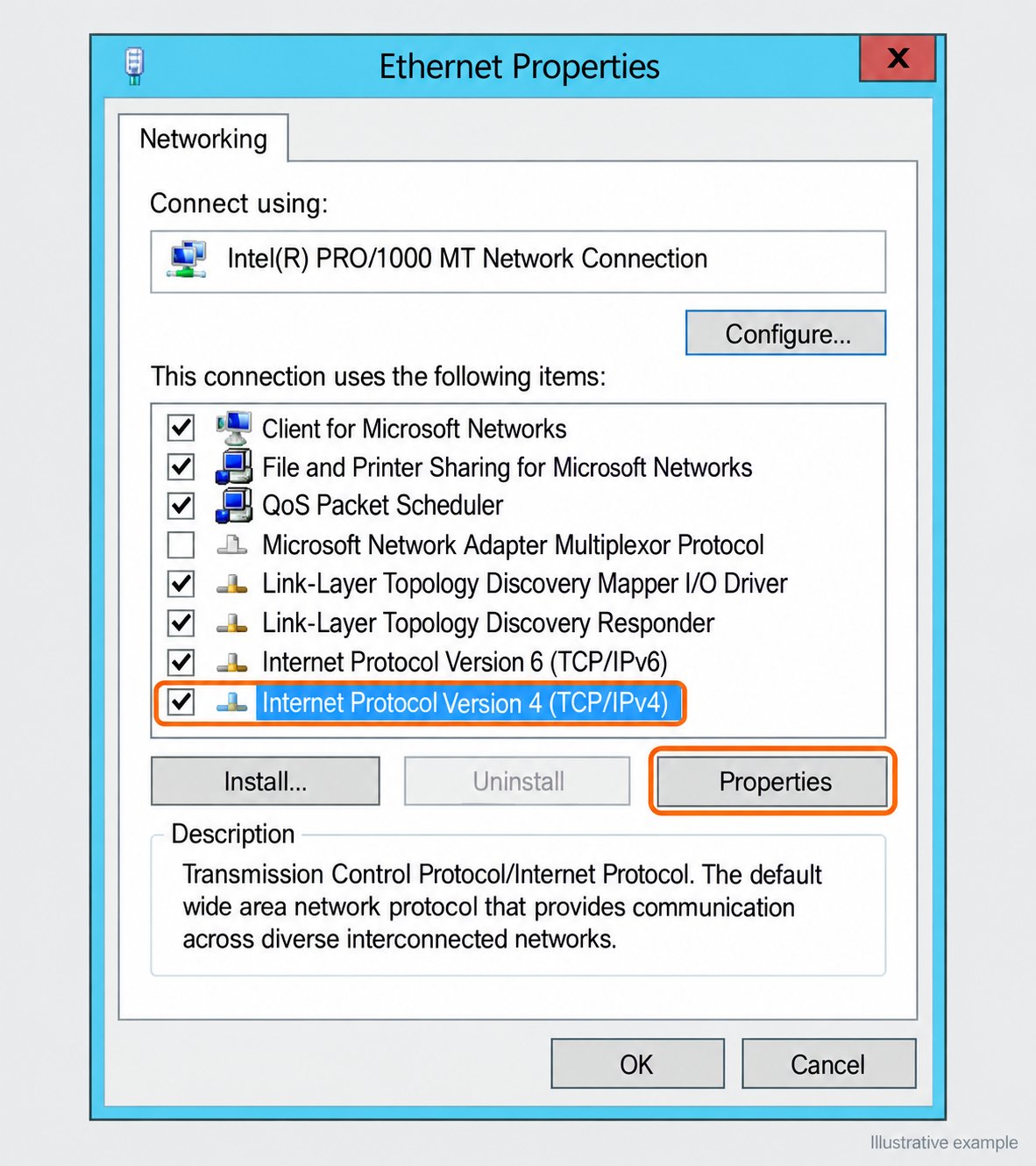 Ethernet Properties with Internet Protocol Version 4 and the Properties button highlighted