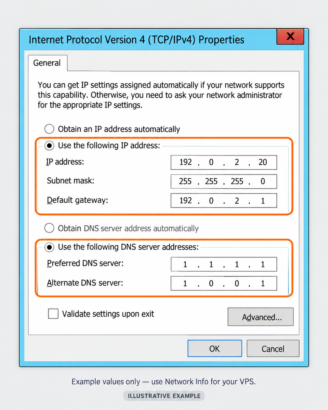 IPv4 Properties showing example address, subnet mask, gateway and DNS settings