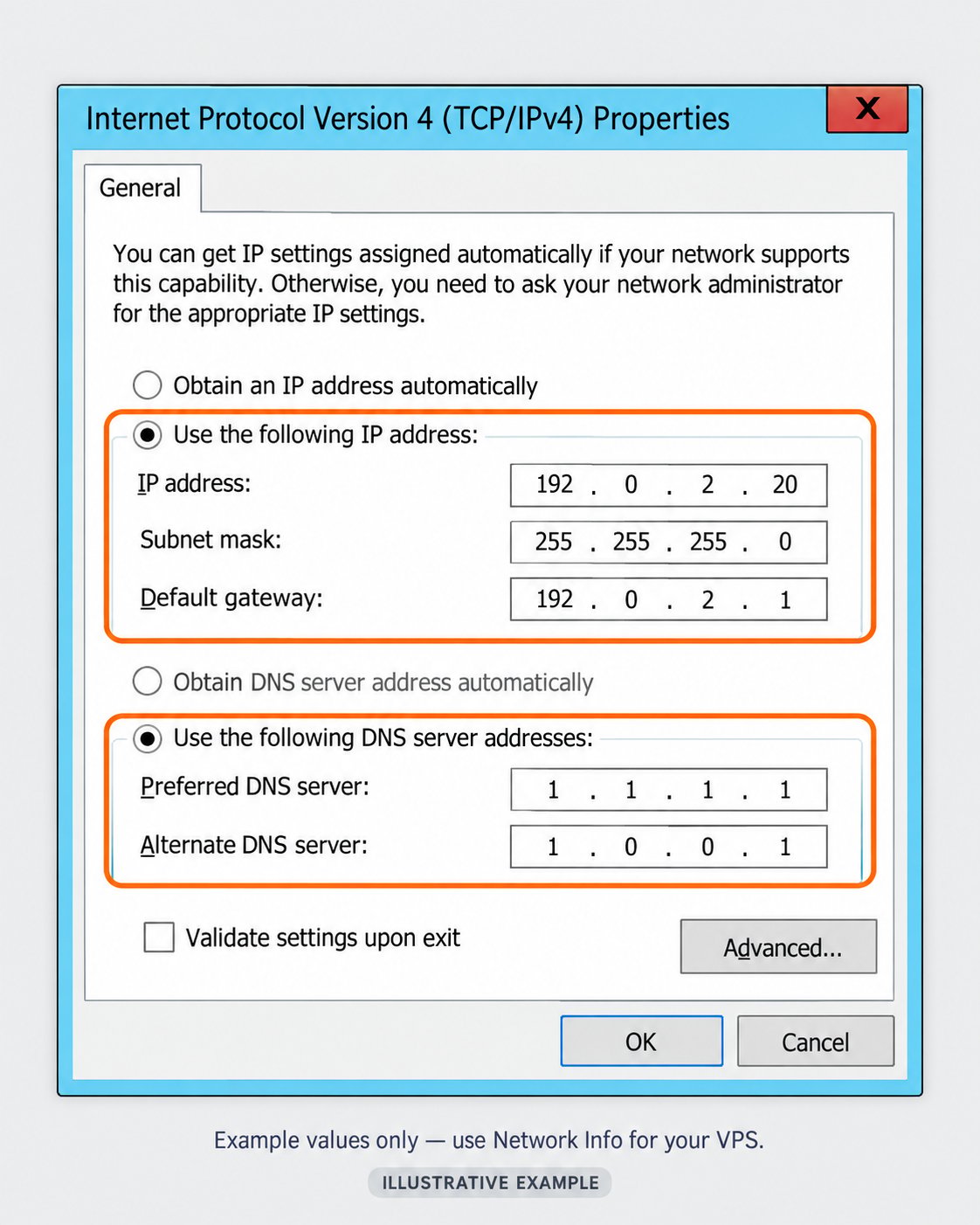 IPv4 Properties showing example address, subnet mask, gateway and DNS settings