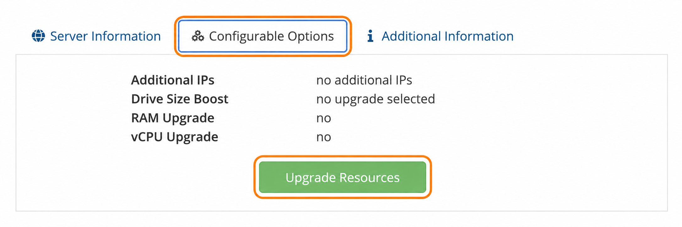 Configurable Options tab and green Upgrade Resources button highlighted in the VPS portal
